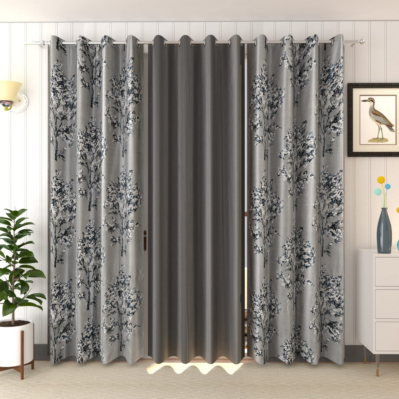 HOME UTSAV Premium 3 Piece Combination Tree Printed and Solid Curtains for Long Door 9 Feet, Grey