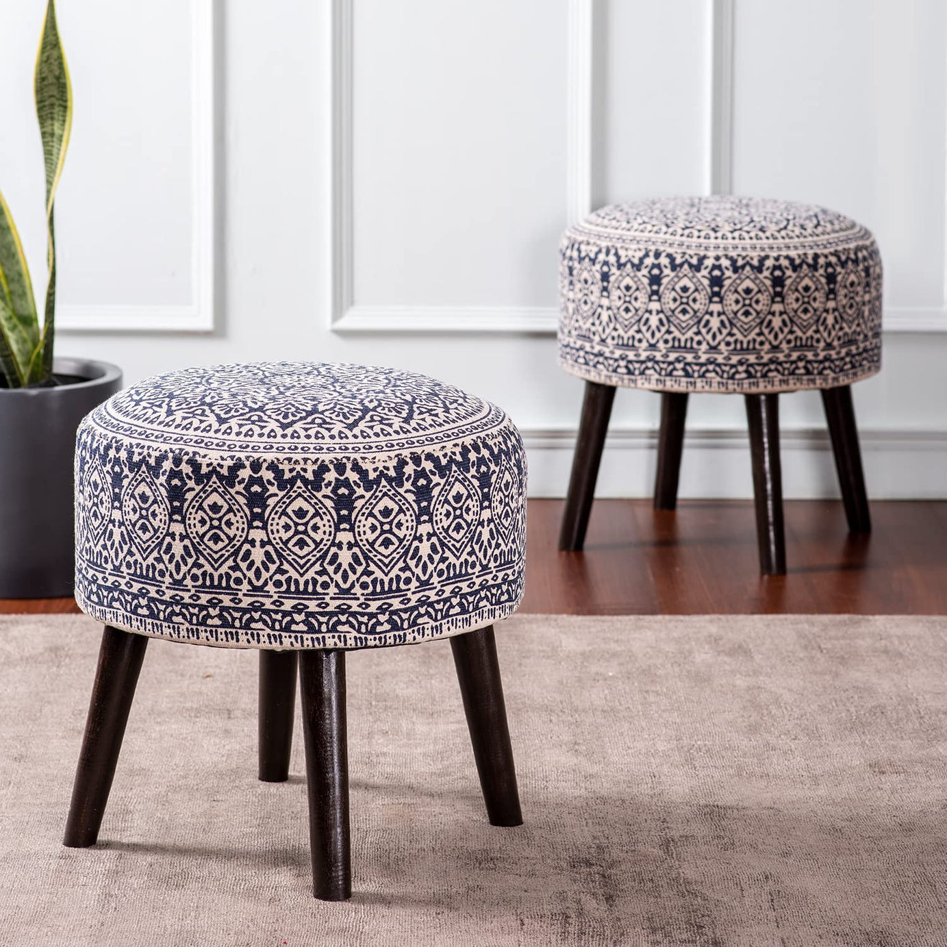 nestroots ottoman stool for living room set of 2 | Pouffes for sitting ottoman | foot rest stools with 4 wooden legs (17 inch height, Blue)