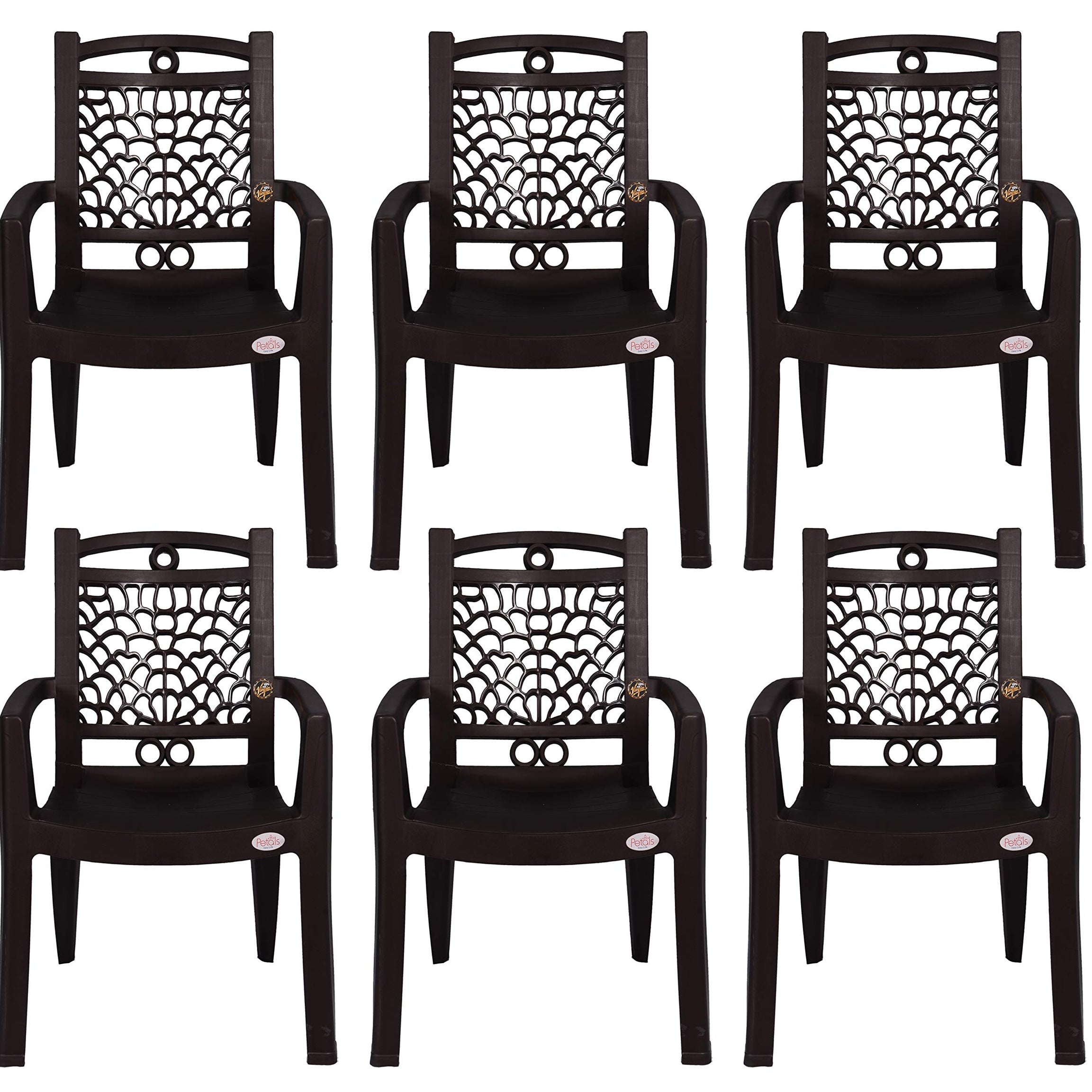 PETALS Swiss Plastic Chairs | Plastic Arm Chair for Home and Garden | Bearing Capacity 150kgs (Choco Brown) (Set of 6)