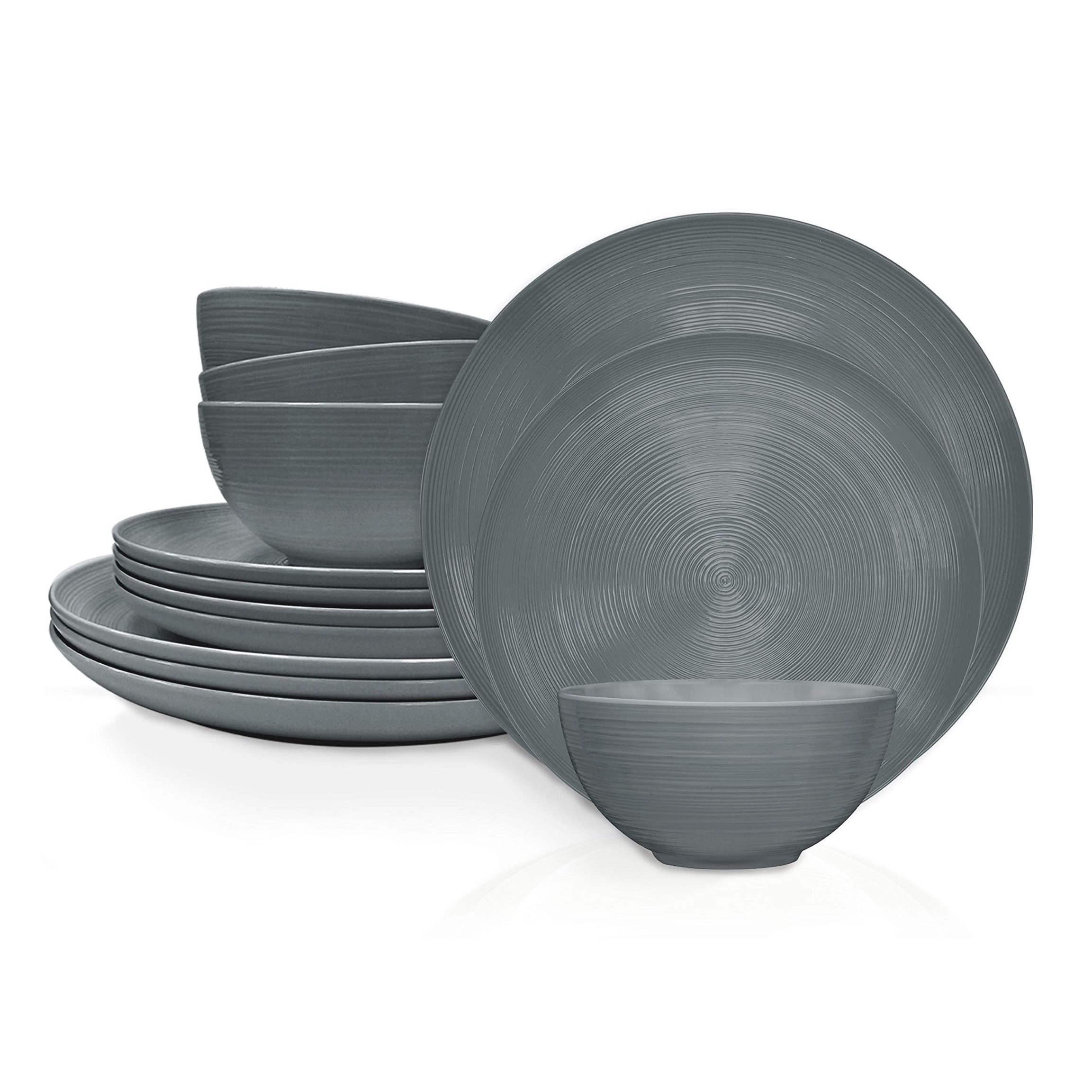 Zak Designs AC-1900002-AMZ ncludes Dinner, Salad Plates, and Individual Bowls American Conventional Melamine Dinnerware Set, 12-Piece, Charcoal