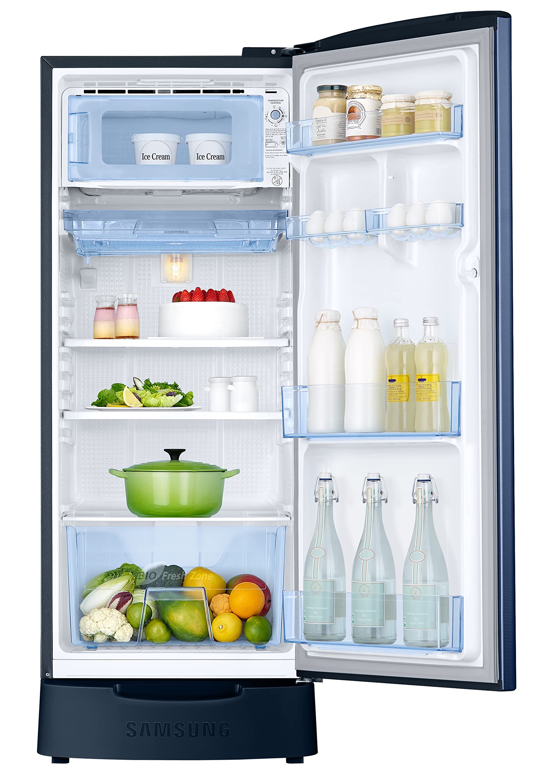 Samsung 183 L, 3 Star, Digital Inverter, Direct-Cool Single Door Refrigerator (RR20C1823CU/HL, Camellia Blue, Base Stand Drawer, 2023 Model)