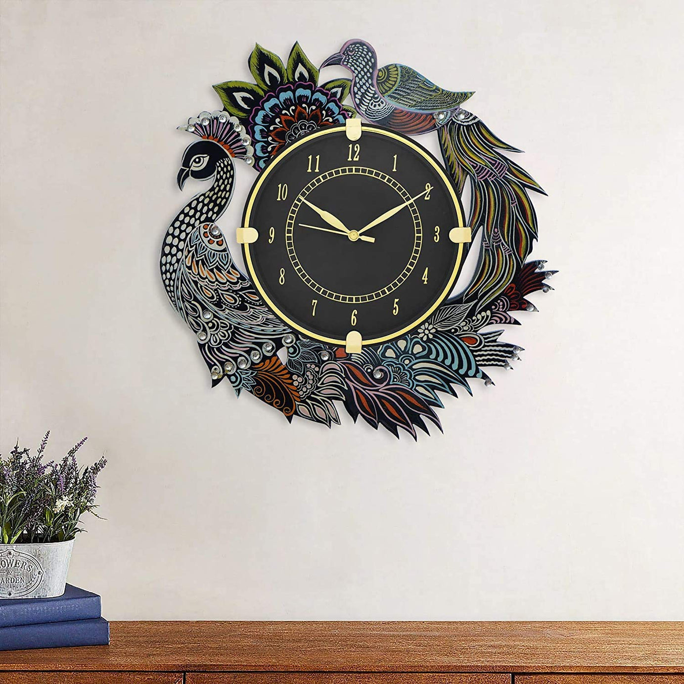 Capio Art Wooden Peacock Wall Clock For Home Wall Decor Round Shape Handmade Wall Clock For Bedroom Office & Home (Black,Nanwxnanlxnanh Inch) - Analog, 33 X 33 Cm