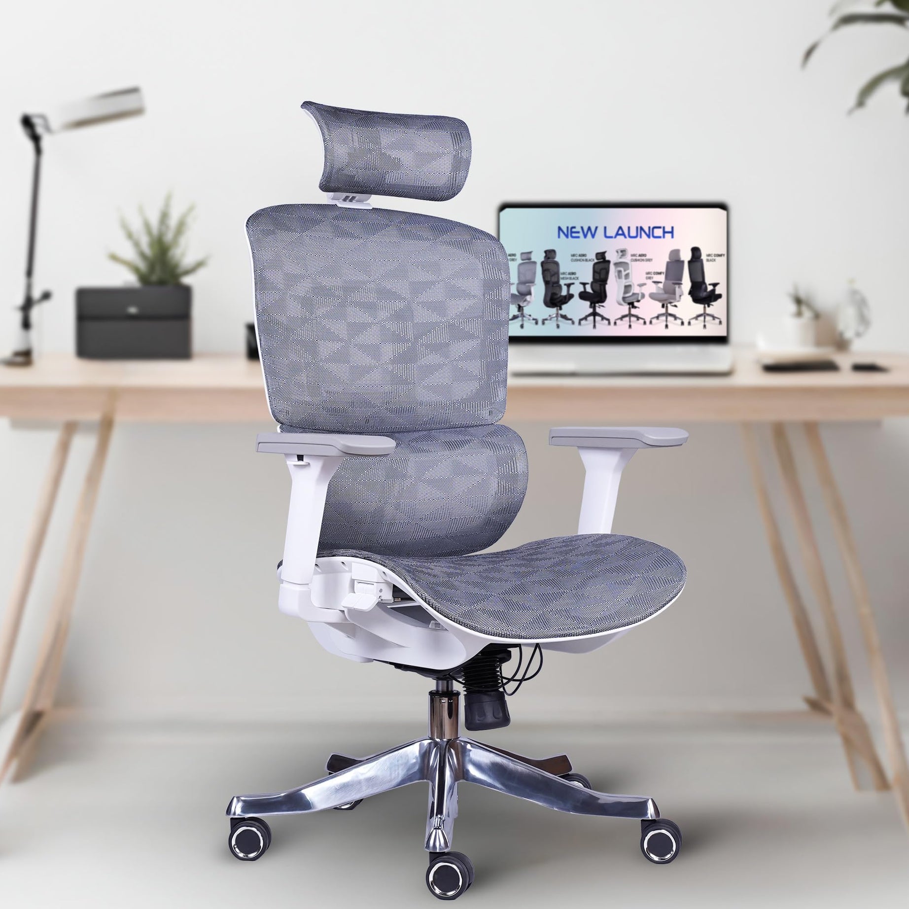 MRC AERO Ergonomic High Back Korean Mesh Office Chair |Adjustable Headrest, Lumbar Support, Adjustable PU Armrests, Multi Lock Synchro Mechanism (Aero Mesh Seat, Grey/White)