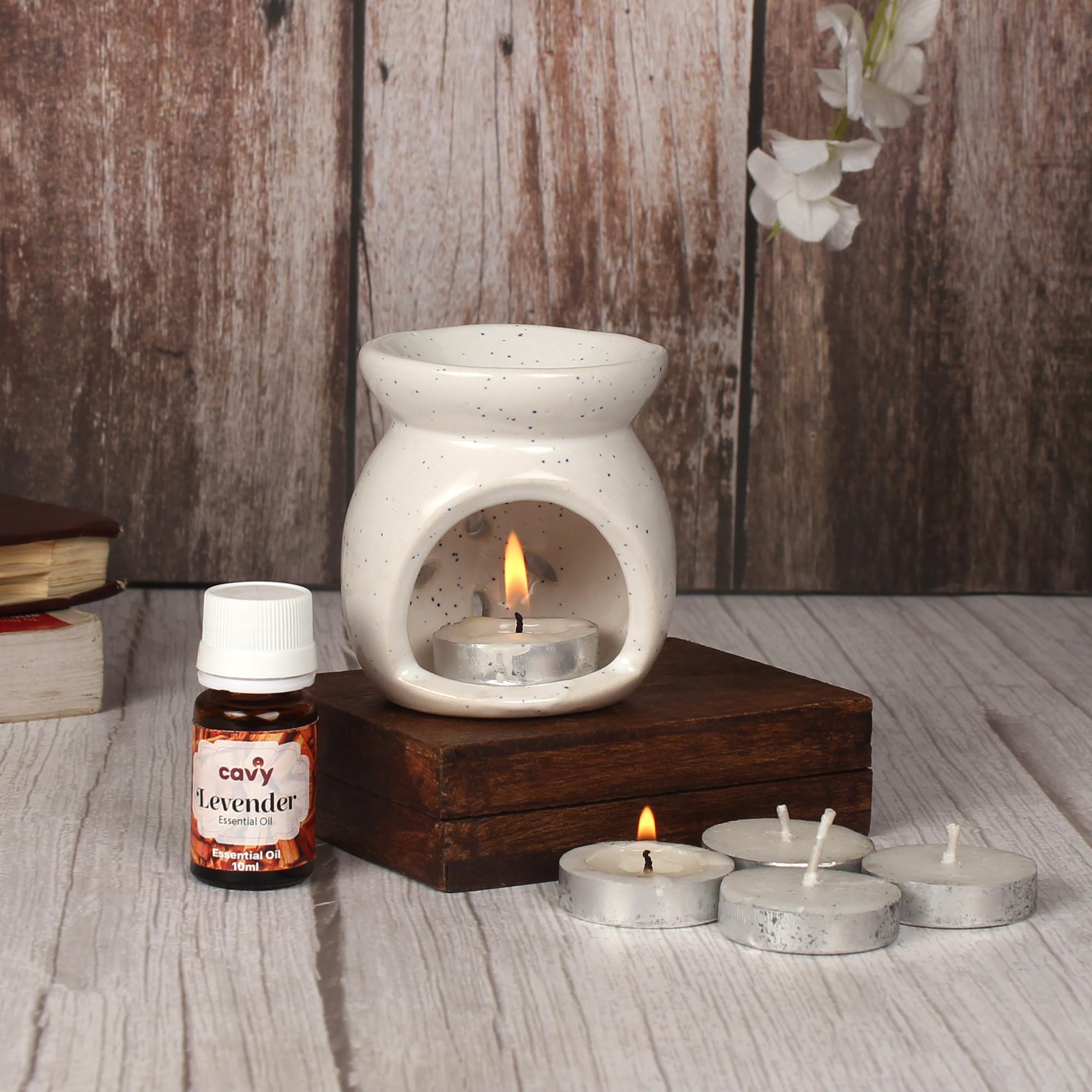 CAVY Aroma Tealight Candle Diffuser for Aromatherapy | Essential Oil Burner with 10ml Fragrance & 4 Tealight Candles Oil Burner | Diffuser Set for Home Decoration & Gifting (White)