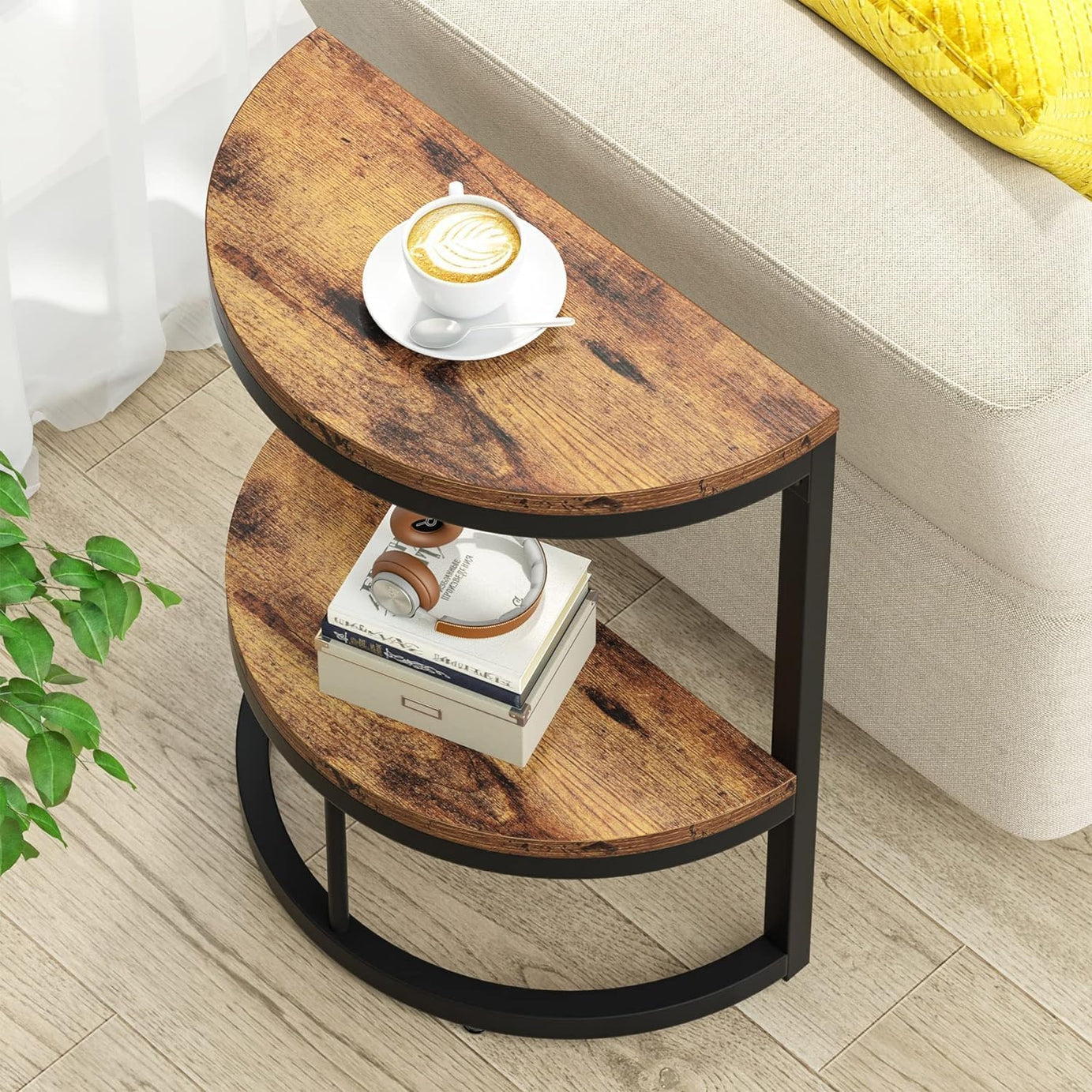 Zamofy Wooden Side Table Semi Circle Half Round Bedside Table Nightstanf for Bedroom, Modern Small Sofa Table with Open Storage Shelf for Living Room (Walnut Black)