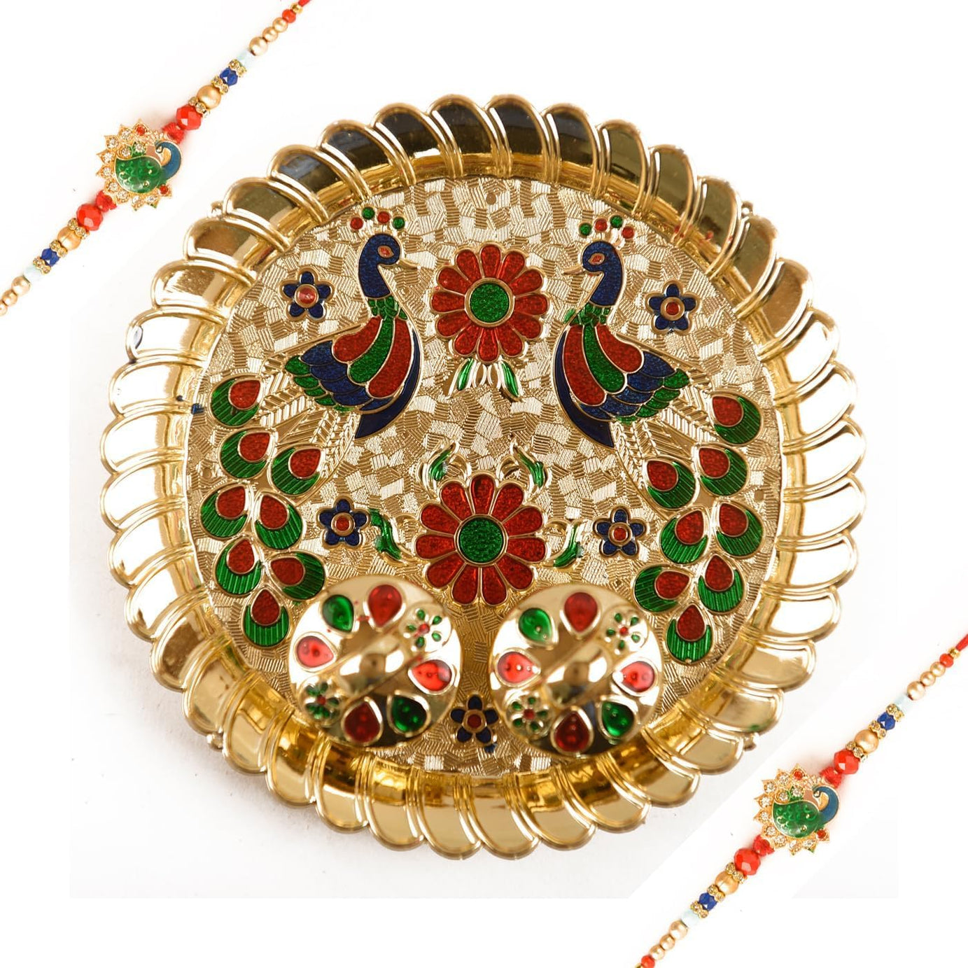 SIYAA Rakhi Thali Plate Platter with Bhai Bhabhi Rakhi for Brother and Bhabhi Decorative Puja Pooja Thali with Set of 2 Rakhi Dora Festival Raksha Bandhan Gift Set