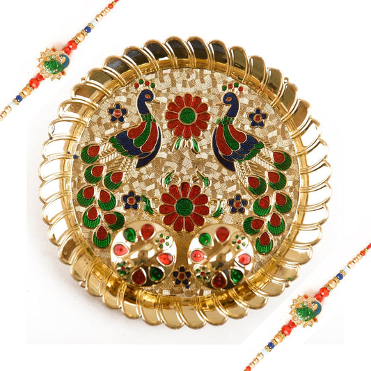 SIYAA Rakhi Thali Plate Platter with Bhai Bhabhi Rakhi for Brother and Bhabhi Decorative Puja Pooja Thali with Set of 2 Rakhi Dora Festival Raksha Bandhan Gift Set