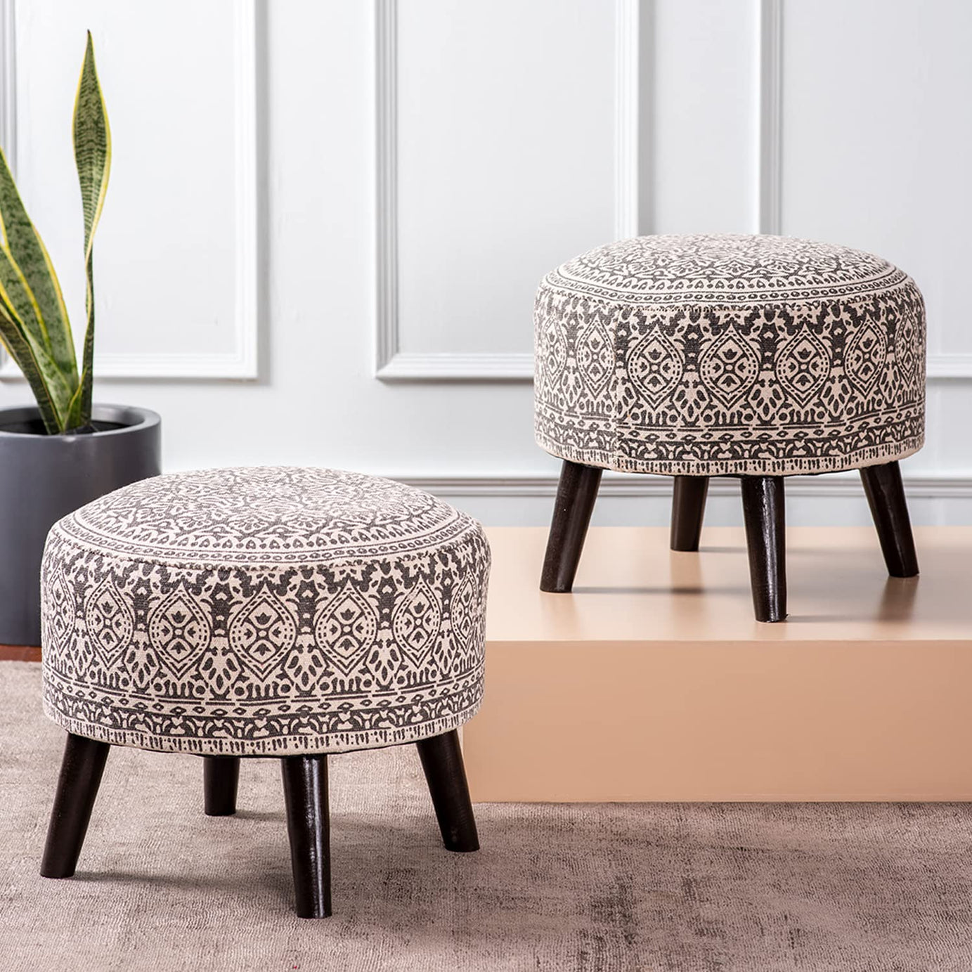 nestroots Set of 2 wooden ottoman stool for living room | Printed Pouffes for sitting | foot rest with 4 wooden legs (14 inch height, Grey)