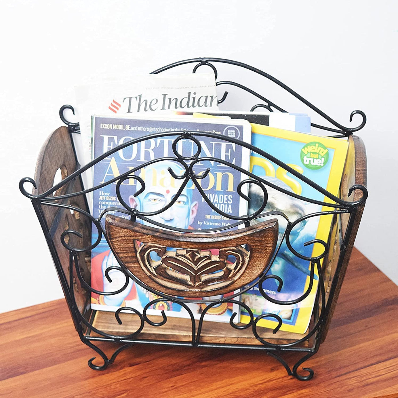 Habiba Arts Store Wrought Iron & Wooden Magazine Cum Newspaper Stand Basket Organizer for Home,Living Room or Office, Newspaper Magazine Holder