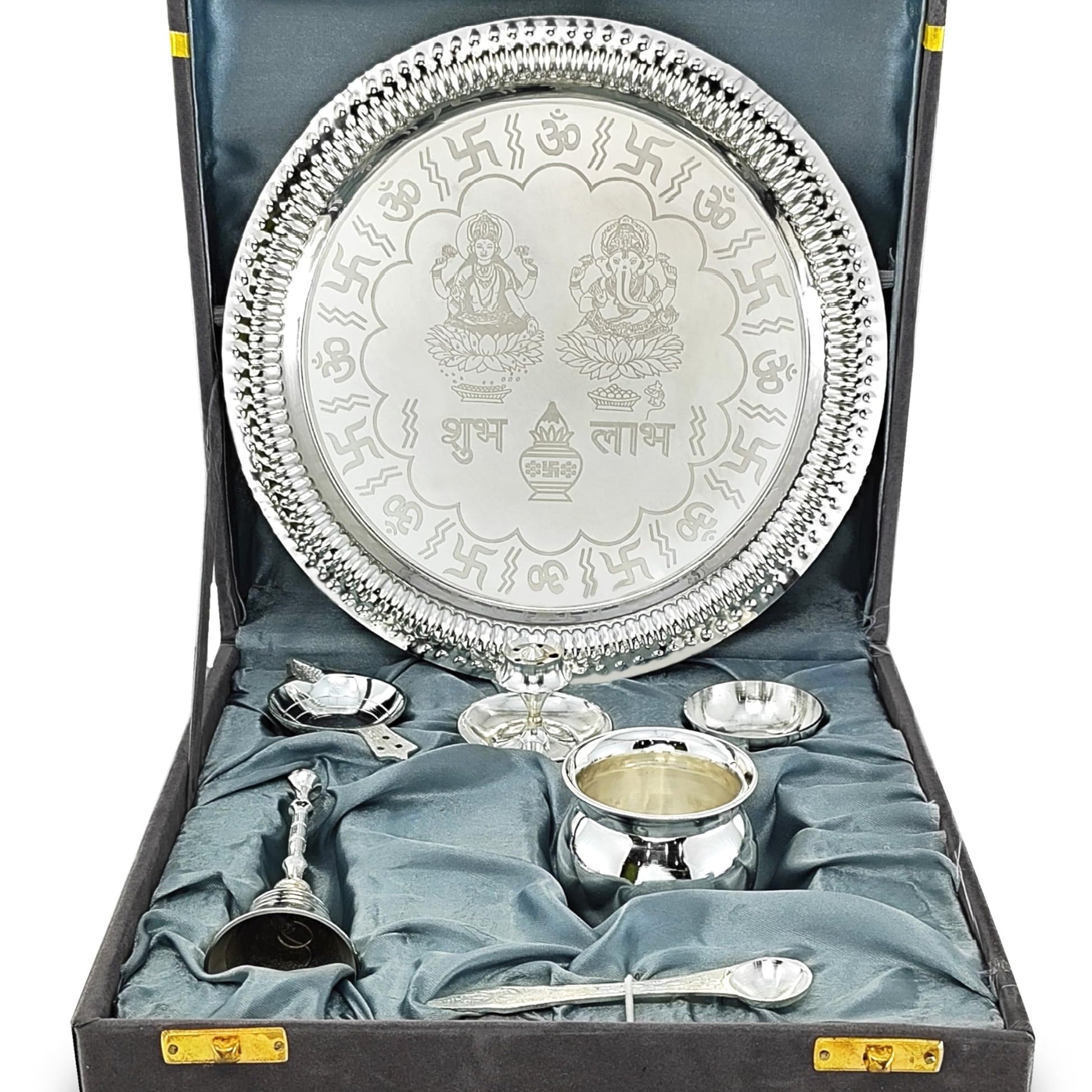 BENGALEN Pooja Thali Set Silver Plated with Grey Gift Box Designed 22 cm Puja Plate Kalash Bowl Ghanti Spoon Dhup Dan Diya for Home Office Diwali Wedding Return Gift Items