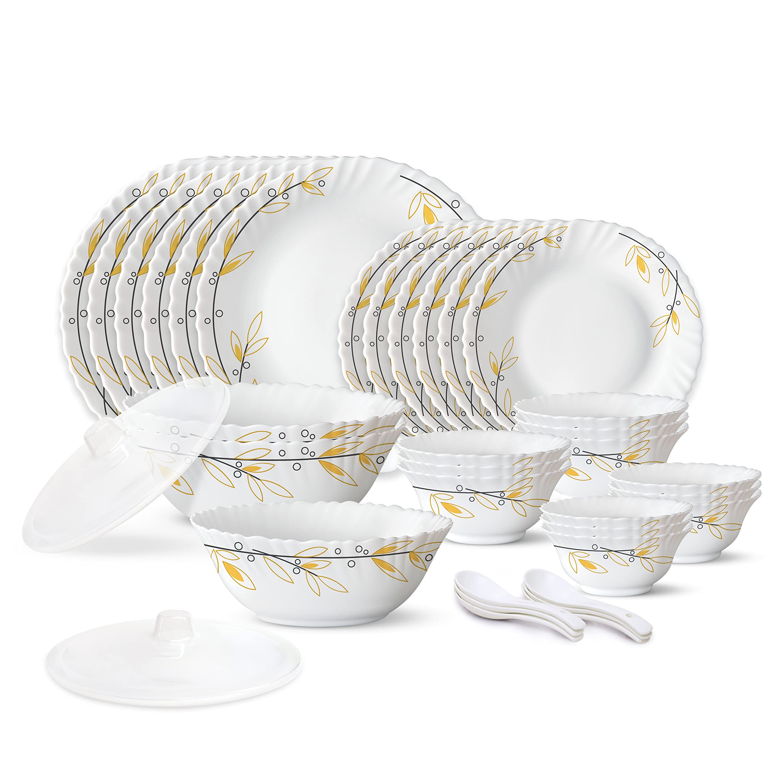 Larah by Borosil Bella Silk Series Opalware Dinner Set | 35 Pieces for Family of 6 | Microwave & Dishwasher Safe | Bone-Ash Free | Crockery Set for Dining & Gifting | Plates & Bowls | White