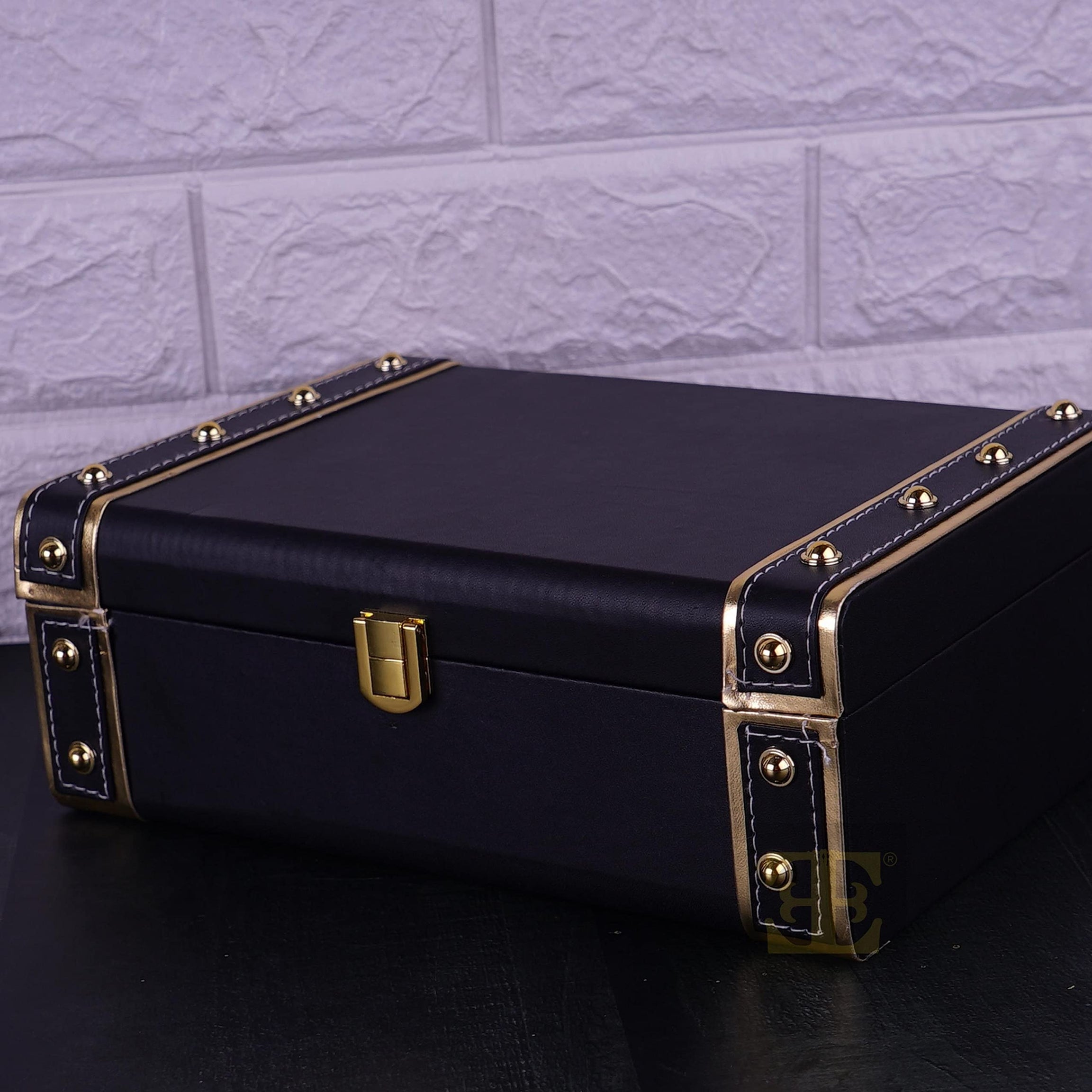 Each and Everything Classic Decorative Gift Engineered Rectangular Wood Trunk Box India Tradition (Black-Gold) 25.4L x 17.8W x 8.9H centimeters