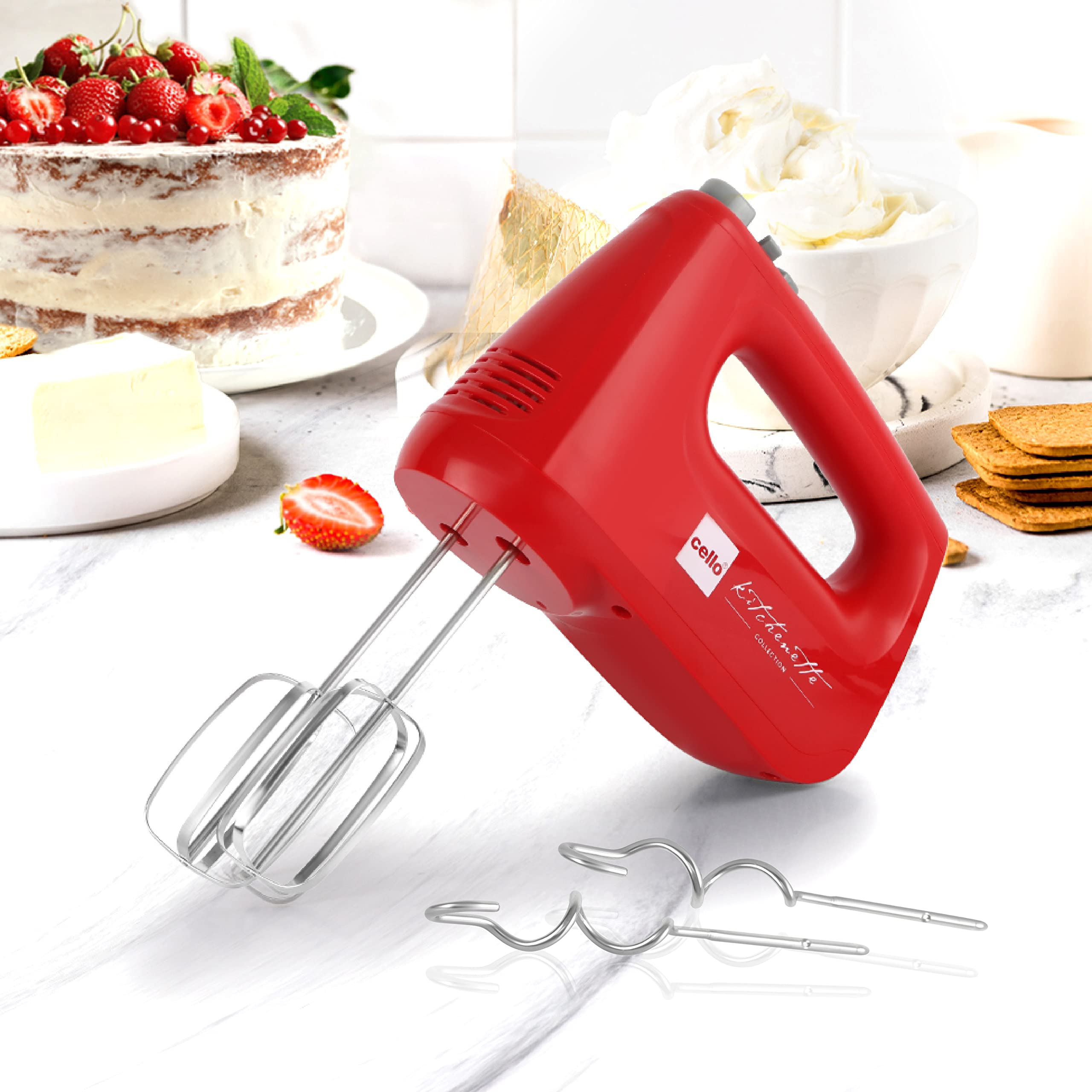 Cello Supreme Hand Blender | Hand Mixer | Beater - Easy Mix, Powerful 400 Watt Motor | 6 Speed Control + Turbo | Dough Hooks and Strip Beater attachments | 2 Years Warranty | Red