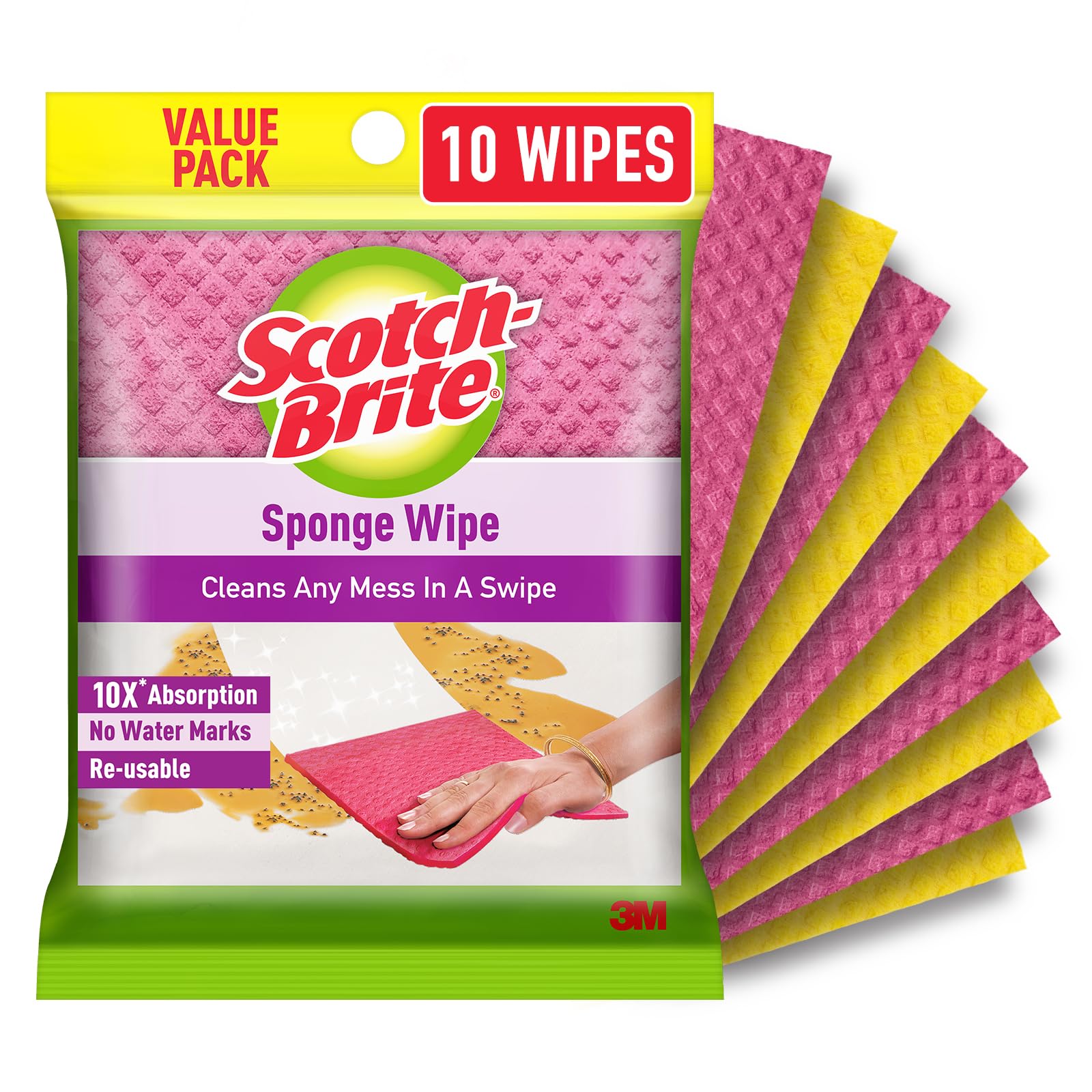 Scotch-Brite Sponge Wipe Resusable Kitchen Cleaning Sponge- Easy to use, Multi- color & Biodegradable (pack of 10)