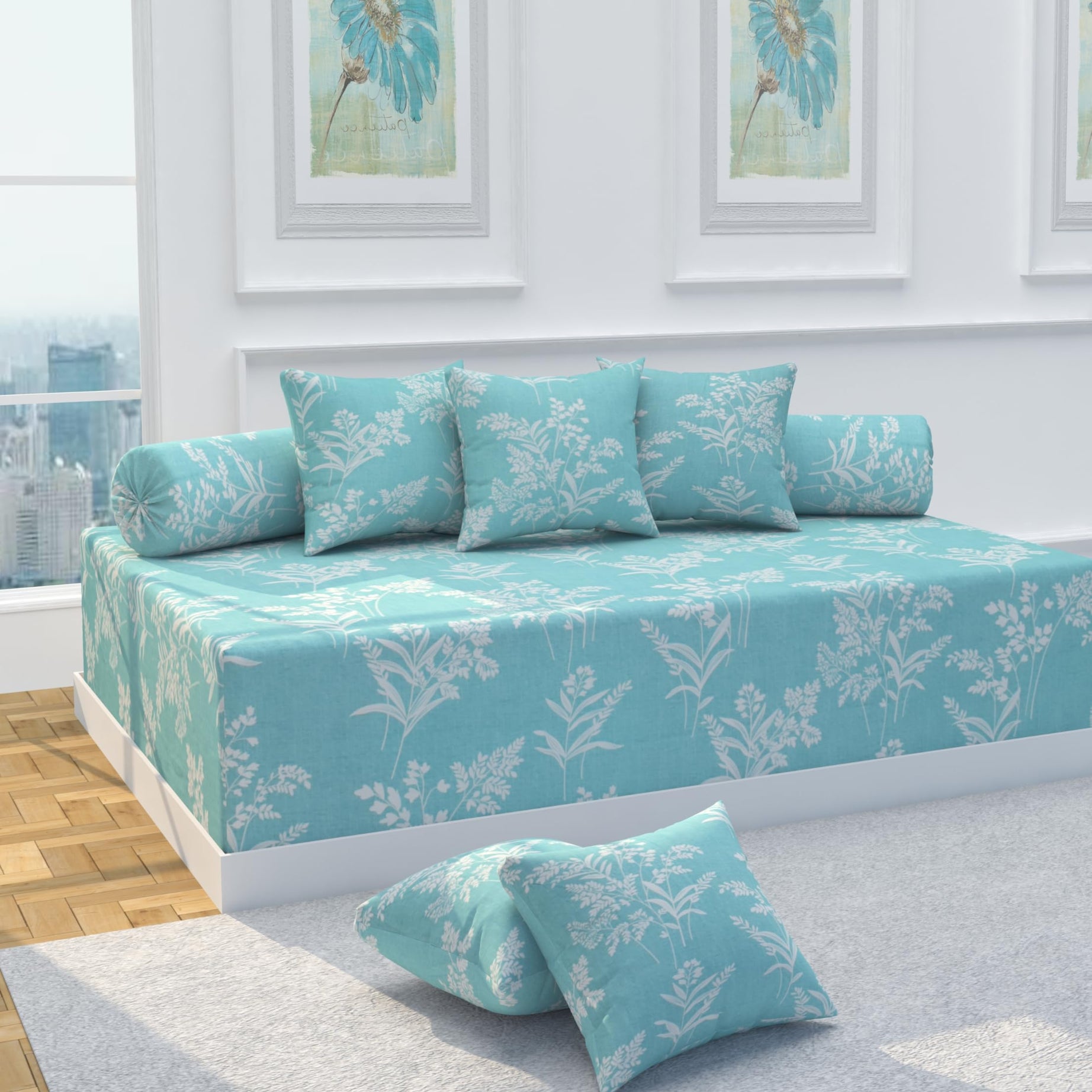 VOMZER Diwan Set Covers Cotton 8 Pieces Cotton Feel Designer Printed Diwan Set (1 Single Bedsheet, 2 Bolster Covers, 5 Cushion Covers) Aqua Lily