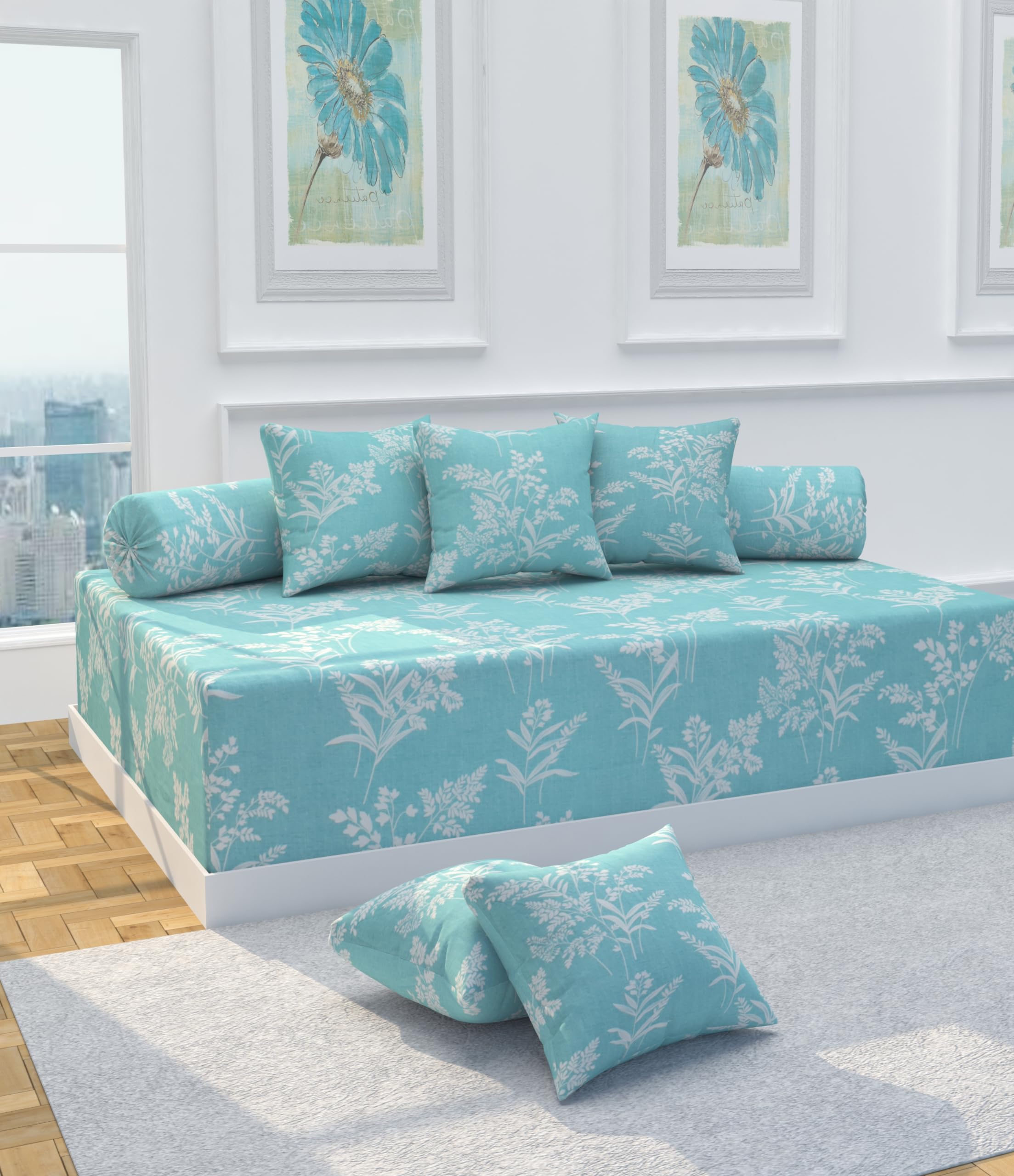 VOMZER Diwan Set Covers Cotton 8 Pieces Cotton Feel Designer Printed Diwan Set (1 Single Bedsheet, 2 Bolster Covers, 5 Cushion Covers) Aqua Lily