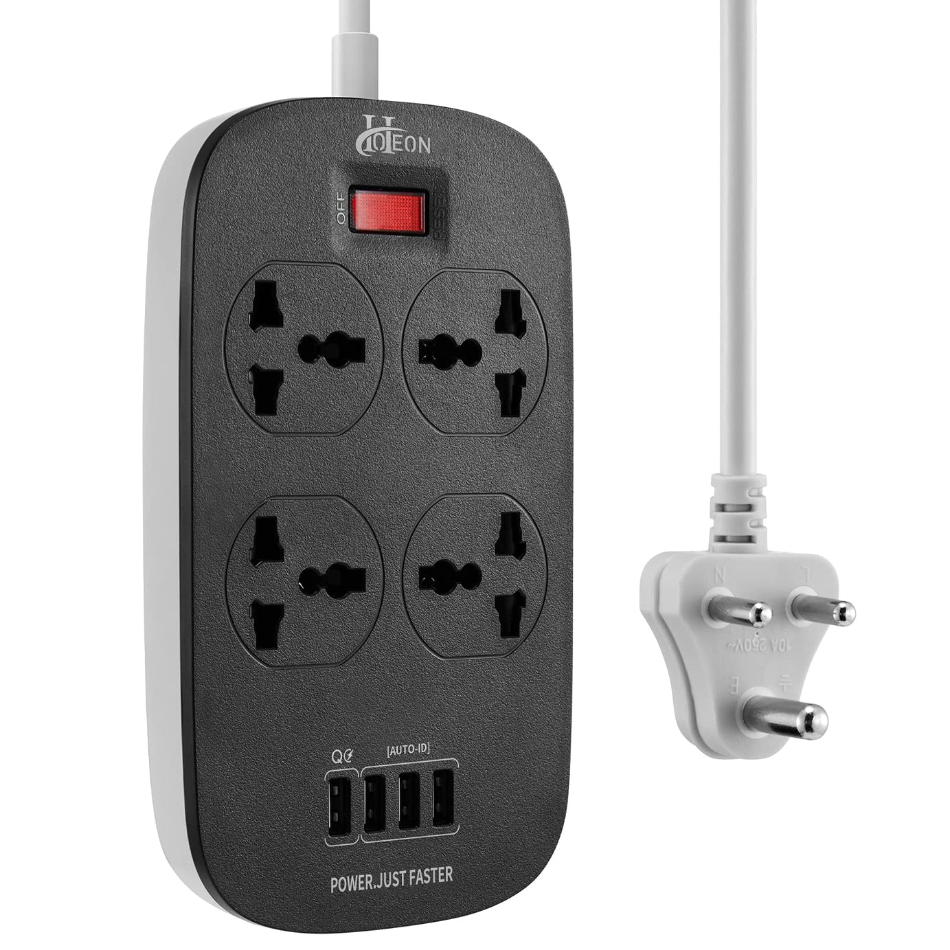 Hoteon Extension Board with USB Ports, Hoteon 2500W Power Strip with QC3.0 Fasting Charger, 4 Way Outlet Universal Surge Protection Sockets，2M Cord (3-Pin Black)