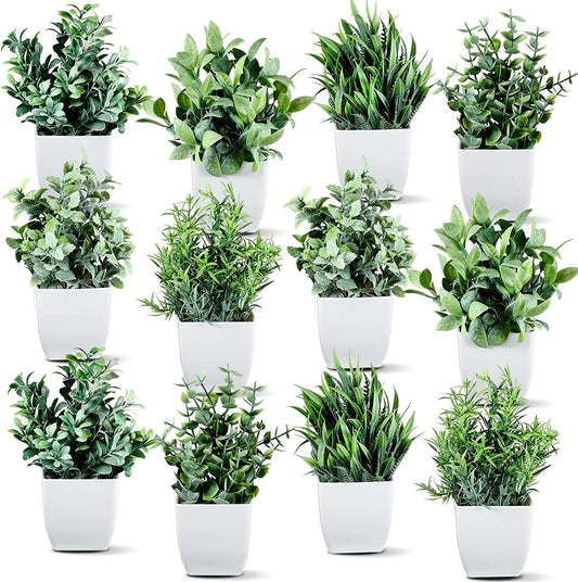 Dekorly® Pack of 12 Mini Lush Green Shrubs Fake Plants Small, Mini Decorative, Home Office or Gift Wild Artificial Plant with Pot Green (Height - 15cm) (Set of 12)