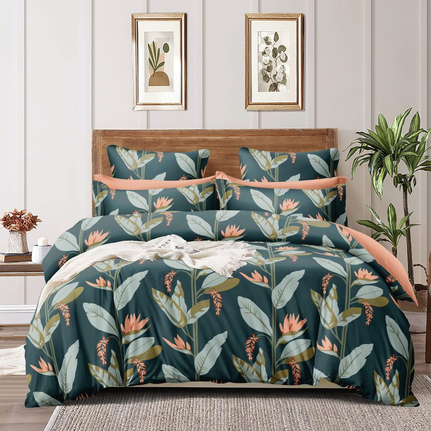 TIB Glace Cotton Floral 500 GSM Comforter Double Bed King Size with 1 Elastic Fitted Bedsheet and 2 Pillow Covers| Bedsheet with Comforter Set King Size, 90x95,72x78, Green,Pack of 4