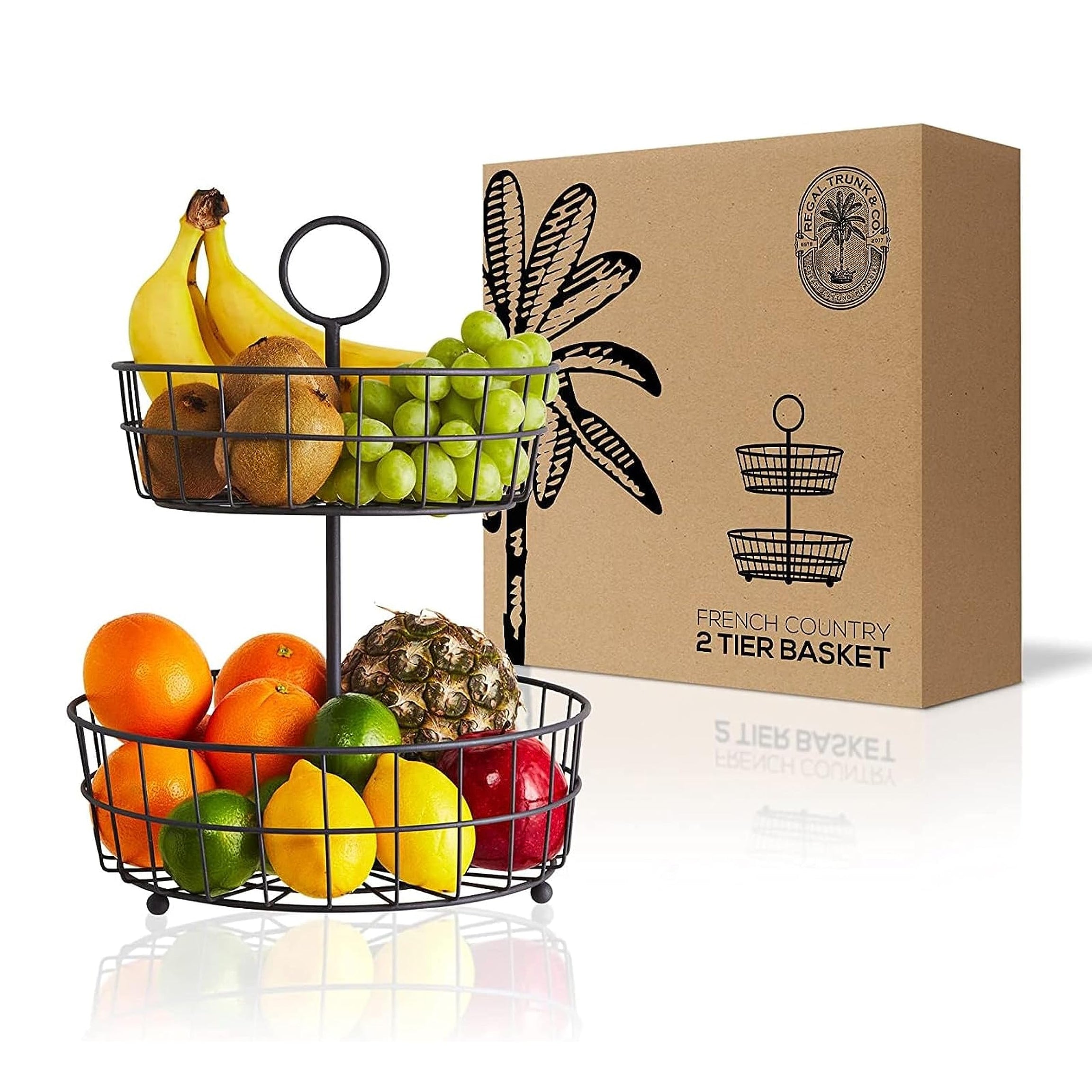 2 Tier Fruit Basket - French Country Wire Basket by Regal Trunk & Co. | Two Tier Fruit Basket Stand for Storing & Organizing Vegetables, Eggs, and More | Fruit Basket for Counter or Hanging (2 Tier)