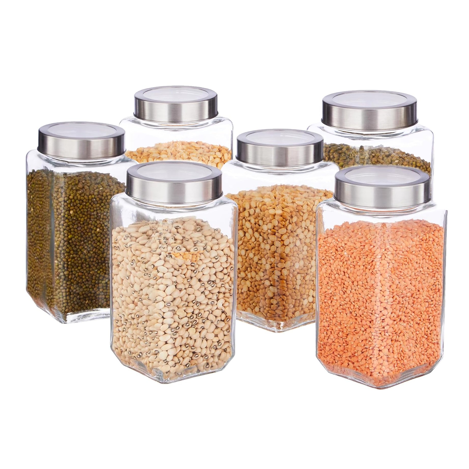 Vency Glass Square Shape Transparent Glass Jars & Containers For Kitchen Pantry,Snacks,Masala,Pickles,Dry Fruits,Coffee Beans Storage With Steel See Through Lid(Set Of 6)(1000Ml Steel Cap),Blue