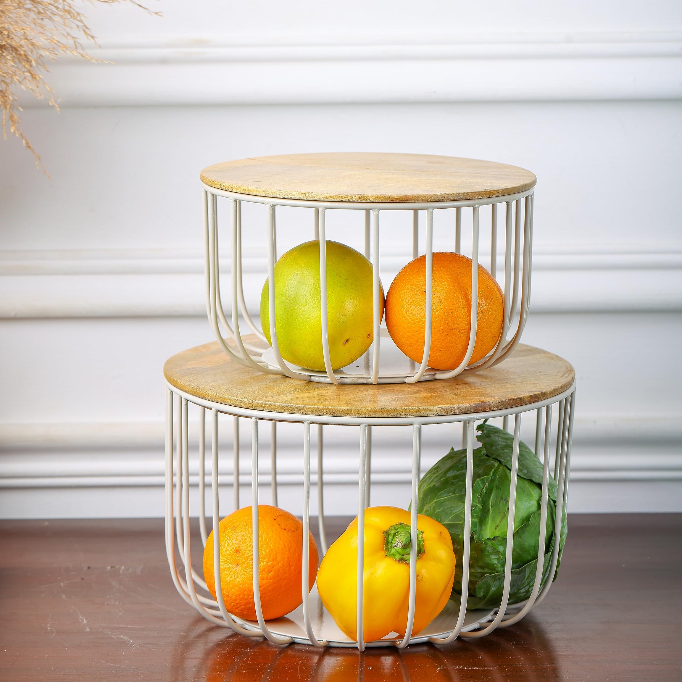 Craft Brio -A TRENDY HANDICRAFTS Set of 2 Nested Wire Wood Baskets Trays Grey Finish For Storage Fruit Vegetable Kitchen Pantry Organizer Rust Free Resistant Metal