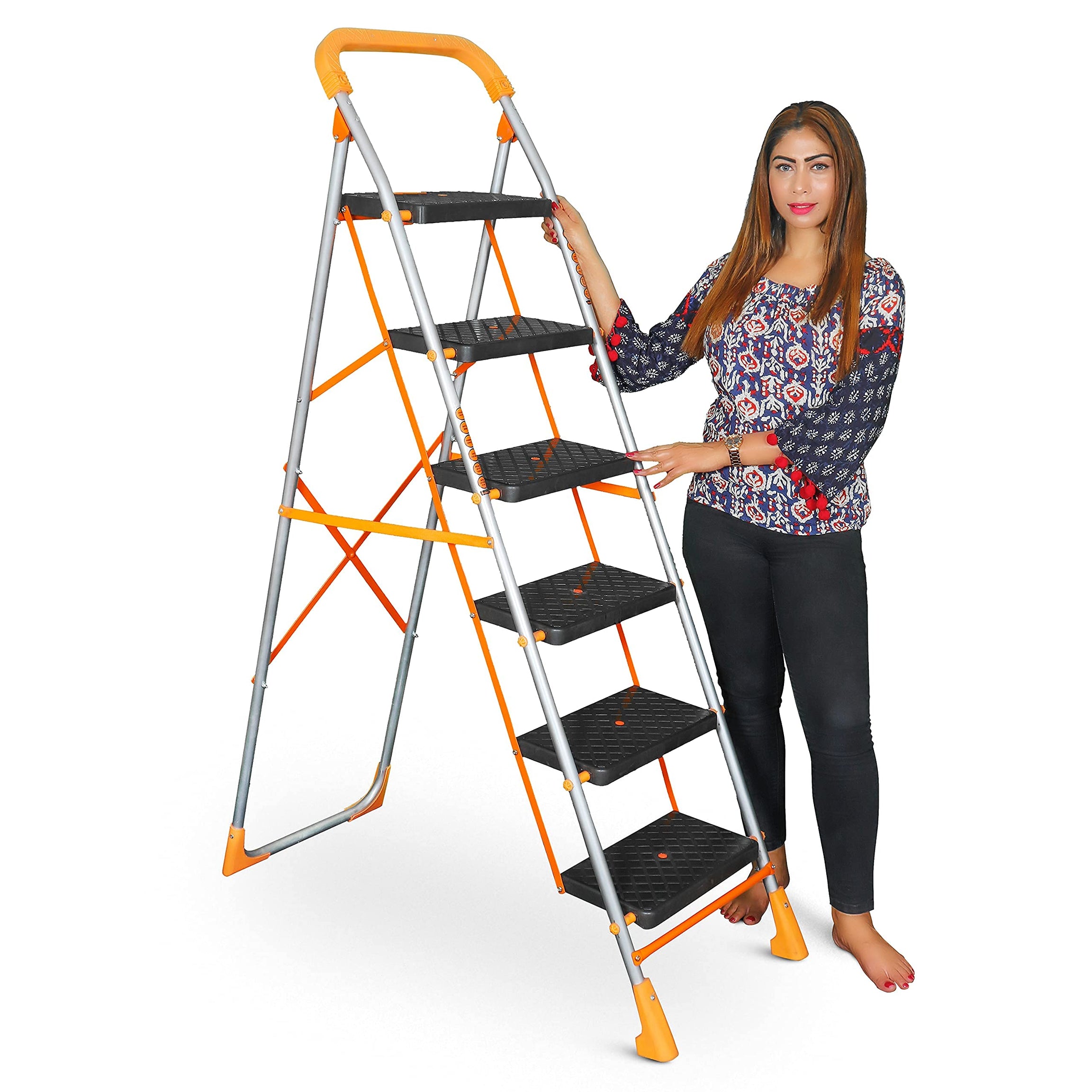 Parasnath 6 Step Orange Diamond Folding Ladder with Wide Steps 6 Steps 6.1 FT Ladder - Made in India, Alloy Steel