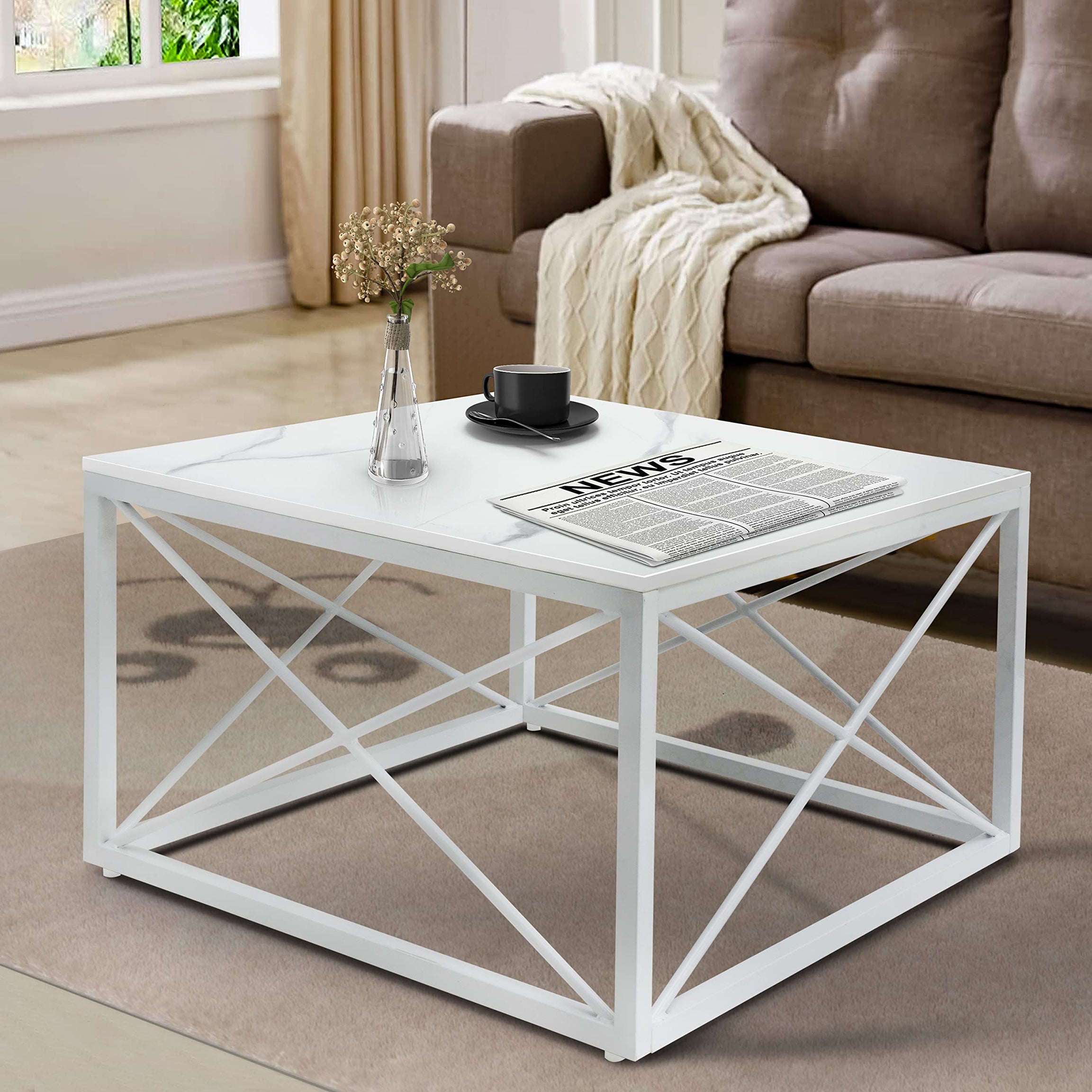 ABOUT SPACE Coffee Table - DIY Teapoy/Tea Table - Modern Centre Table for Living Room with Solid Marble Finish Space Saving Furniture with Metal Frame (L 75 x B 75 x H 45 cm, White)