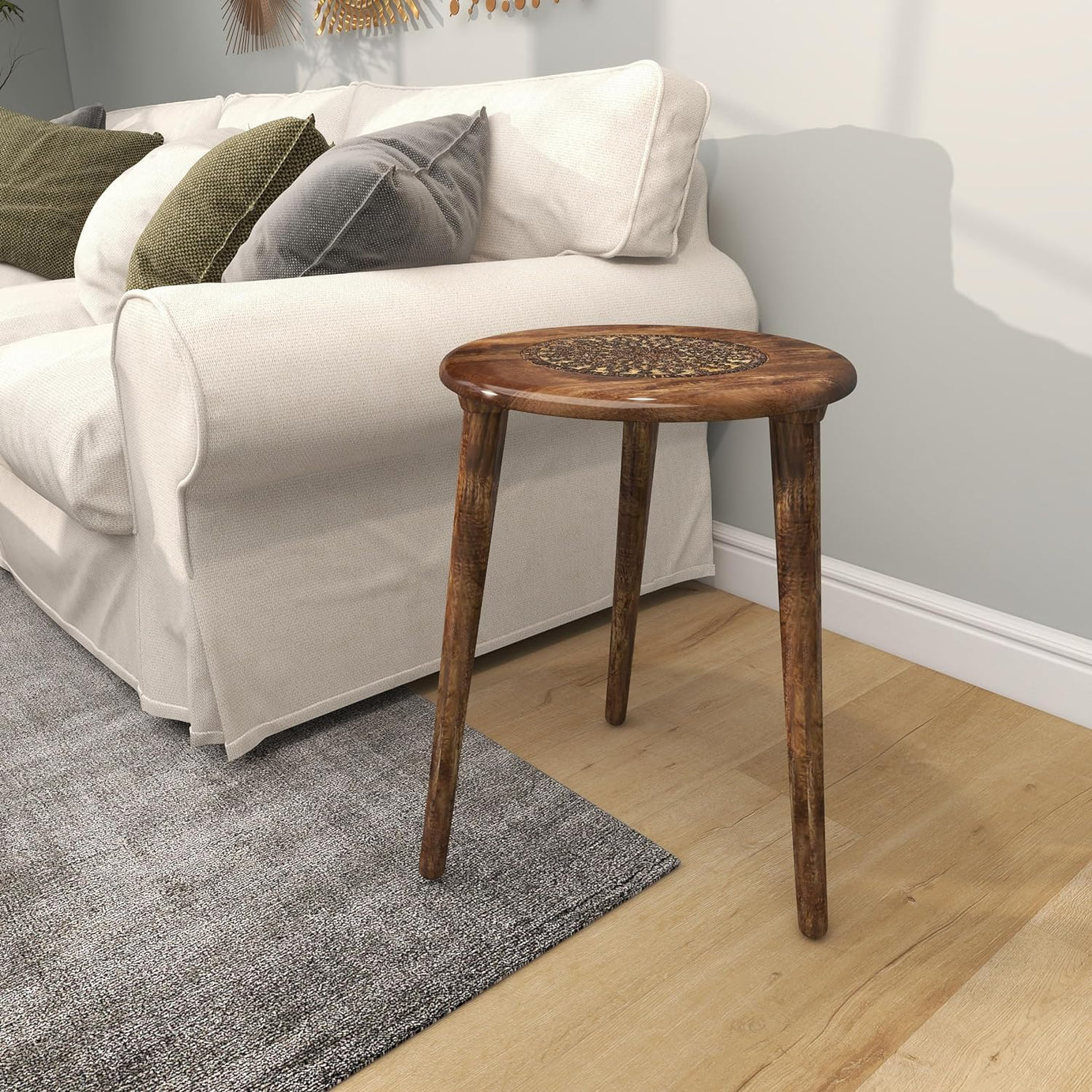 VASIL MART Wooden Table with Three Legs A Modern Round Coffee Table and Side Table for Small Spaces with Pillar Coffee Table for Plants, Books, Magazines burn