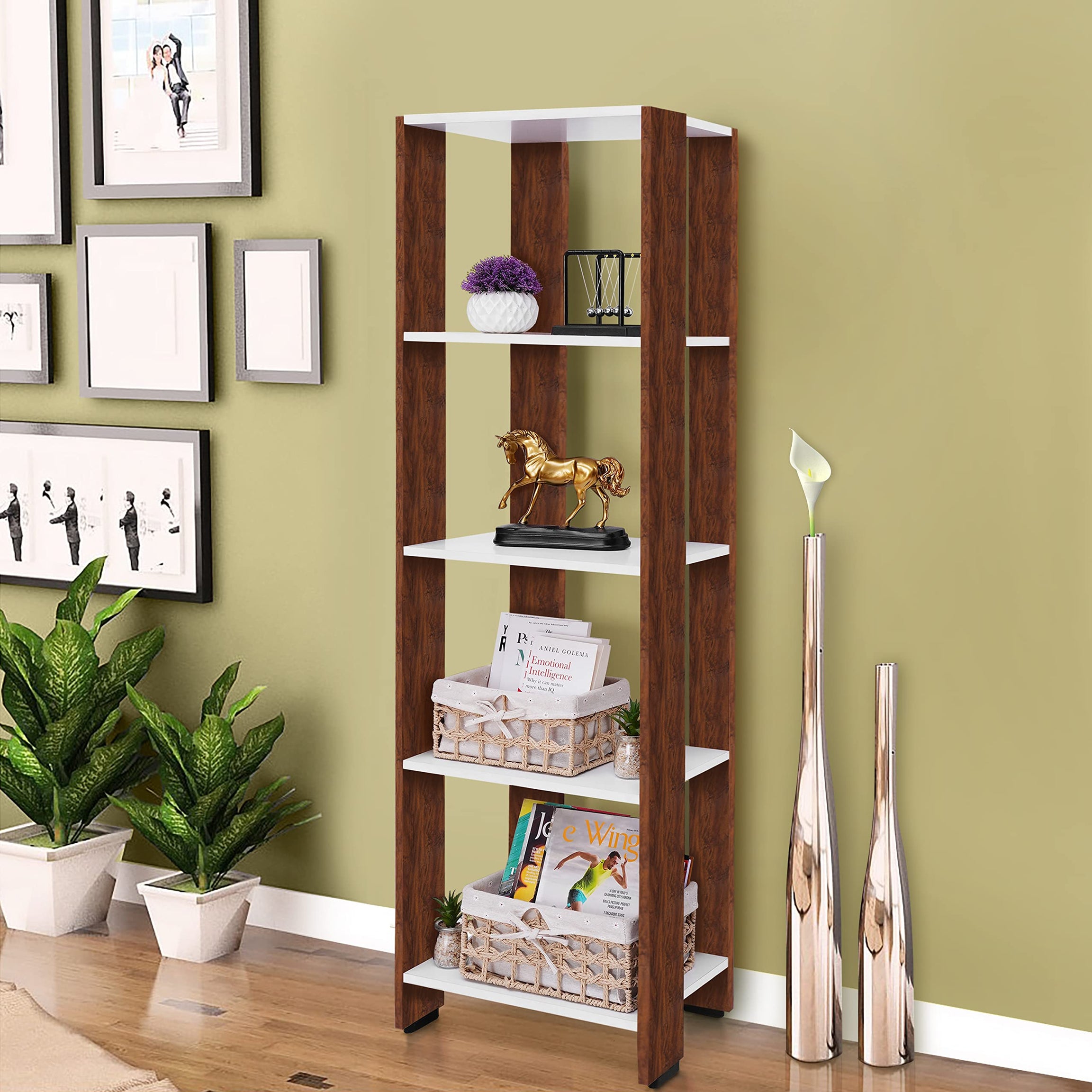 ABOUT SPACE Book Shelf - 4 Tier 5 ft Versatile Book Stand for Home Library, Modern Slim Open Display Rack Shelf Engineered Wood with Unique Design for Living Room - Oak Red (L 1.5 x B 1 x H 5 ft)