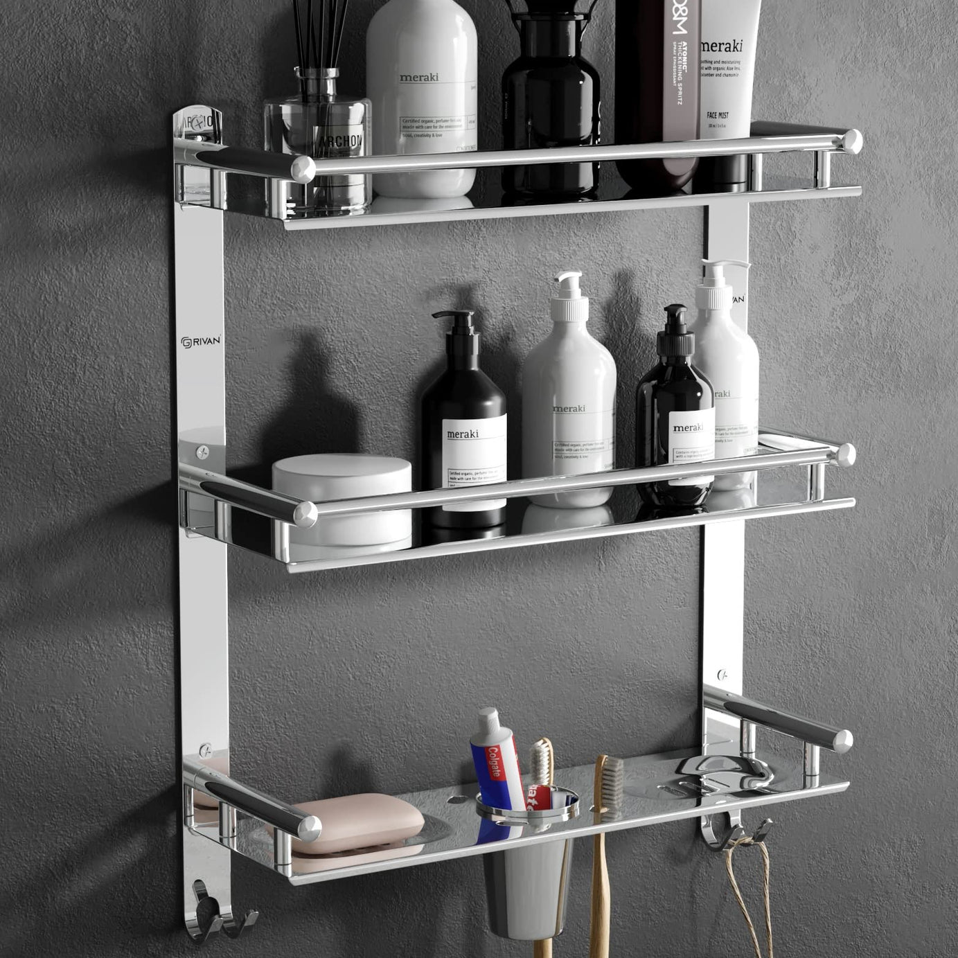 GRIVAN Stainless Steel 3 Layer/3 Tier Multipurpose Bathroom Shelf/Rack/Organizer/Stand/Holder with Double Soap Dish and Toothbrush Holder Tumbler Bathroom Accessories