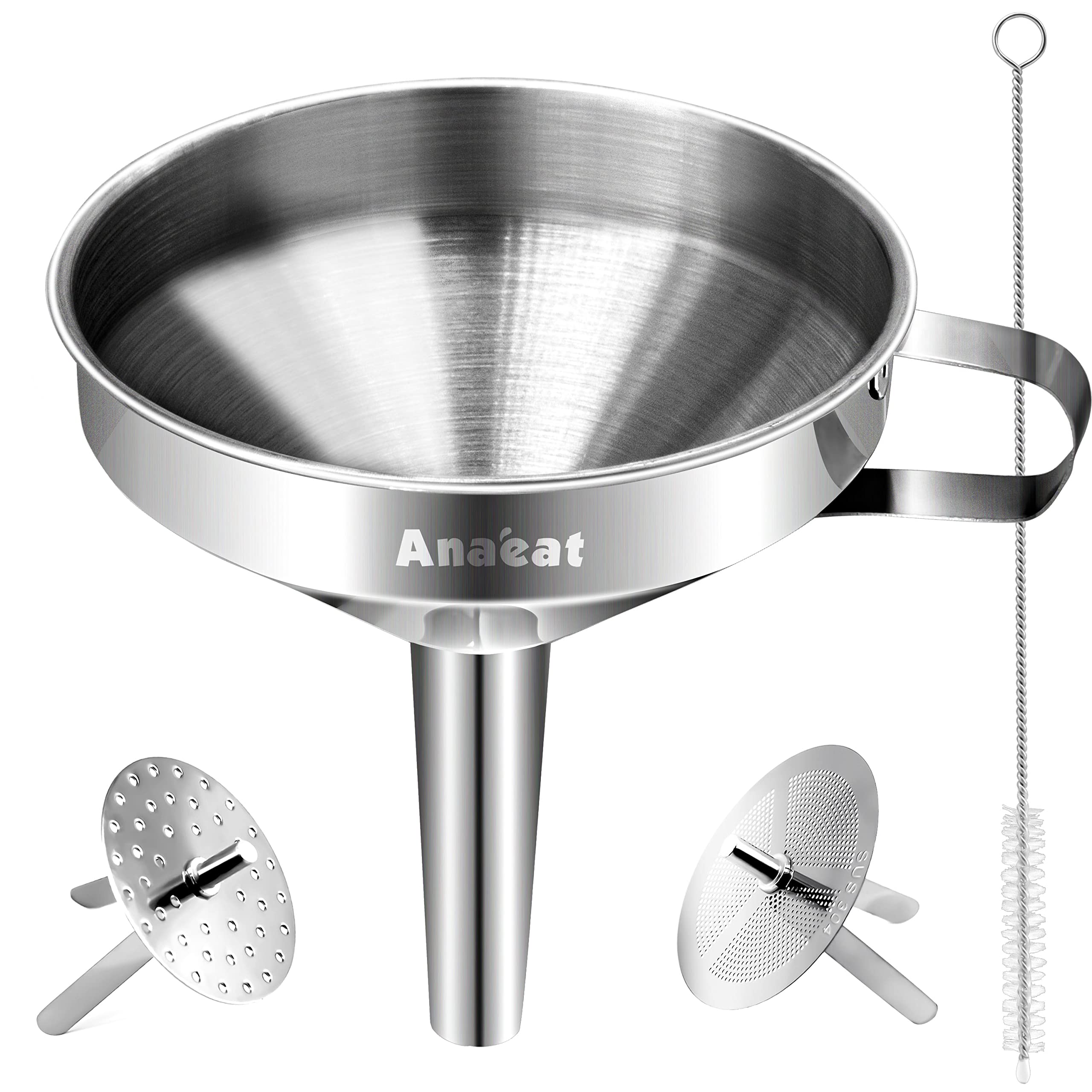 Anaeat Stainless Steel Kitchen Funnel, Multi-Use Premium Metal Food Grade Cooking Funnels with 2 Removable Strainer Filter for Transferring Liquid or Dry ingredients, Oils & 1 Pc Cleaning Brush (5.0")