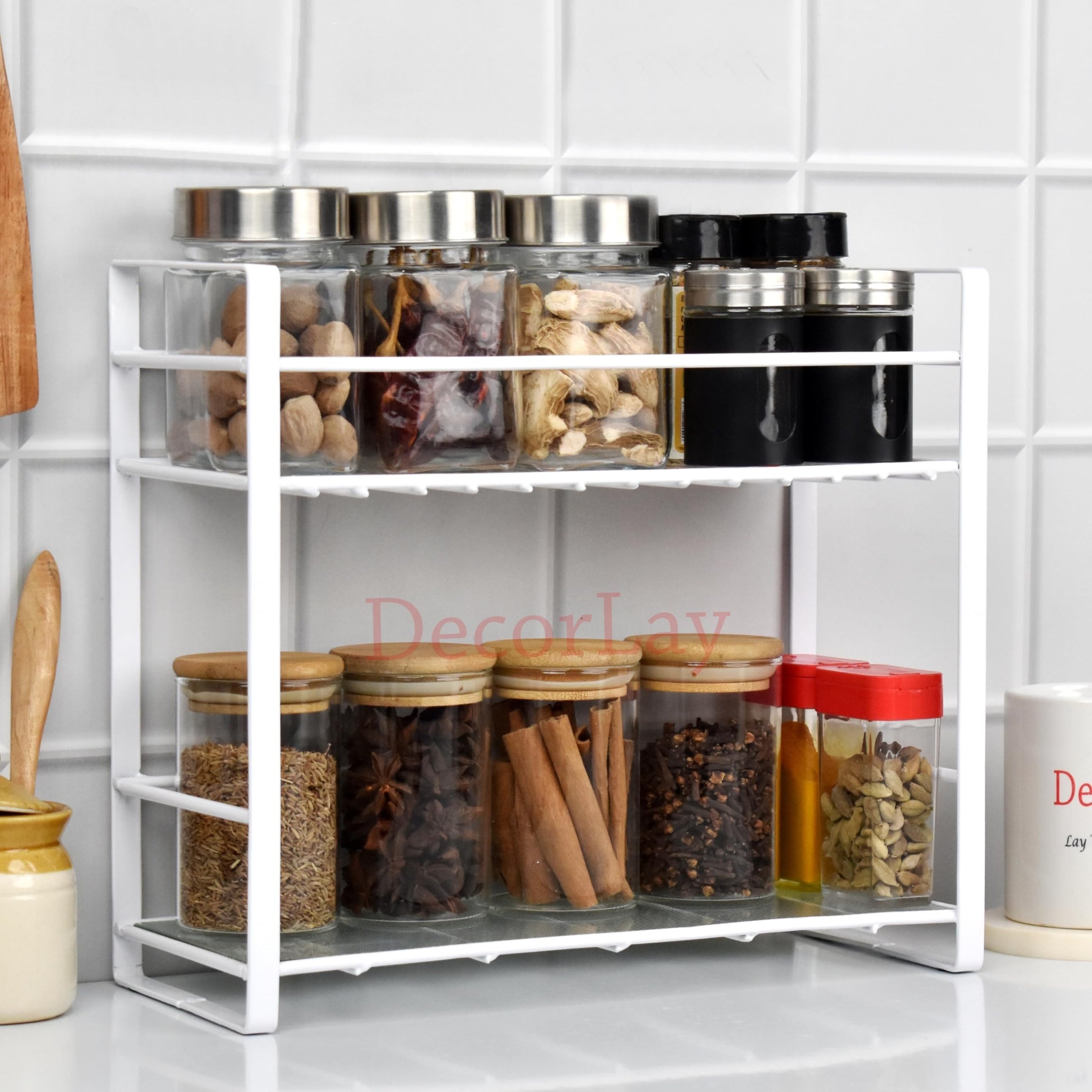 Decorlay Metal 2-Tiered Shelf Kitchen Organizer Spice Rack Kitchen Cabinets | Bartan Stand | Jars And Bottle Holder | Storage Rack For Kitchen - White | Countertop, Tabletop