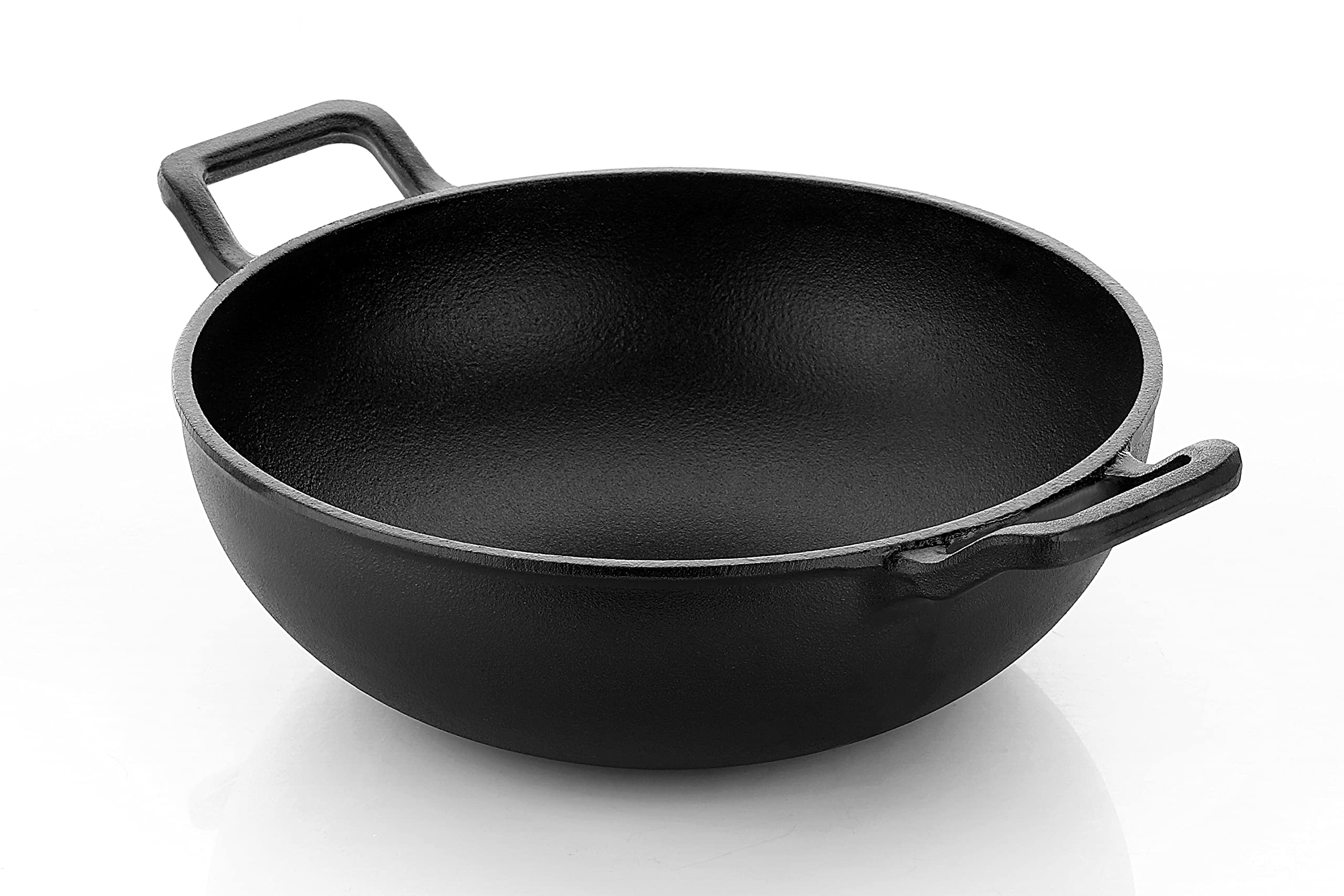 ROSTON Cast Iron Kadai Pre Seasoned Kadhai Wok 26 cm Cast Iron Cookware Deep Kadai, Iron Deep Kadai, Black