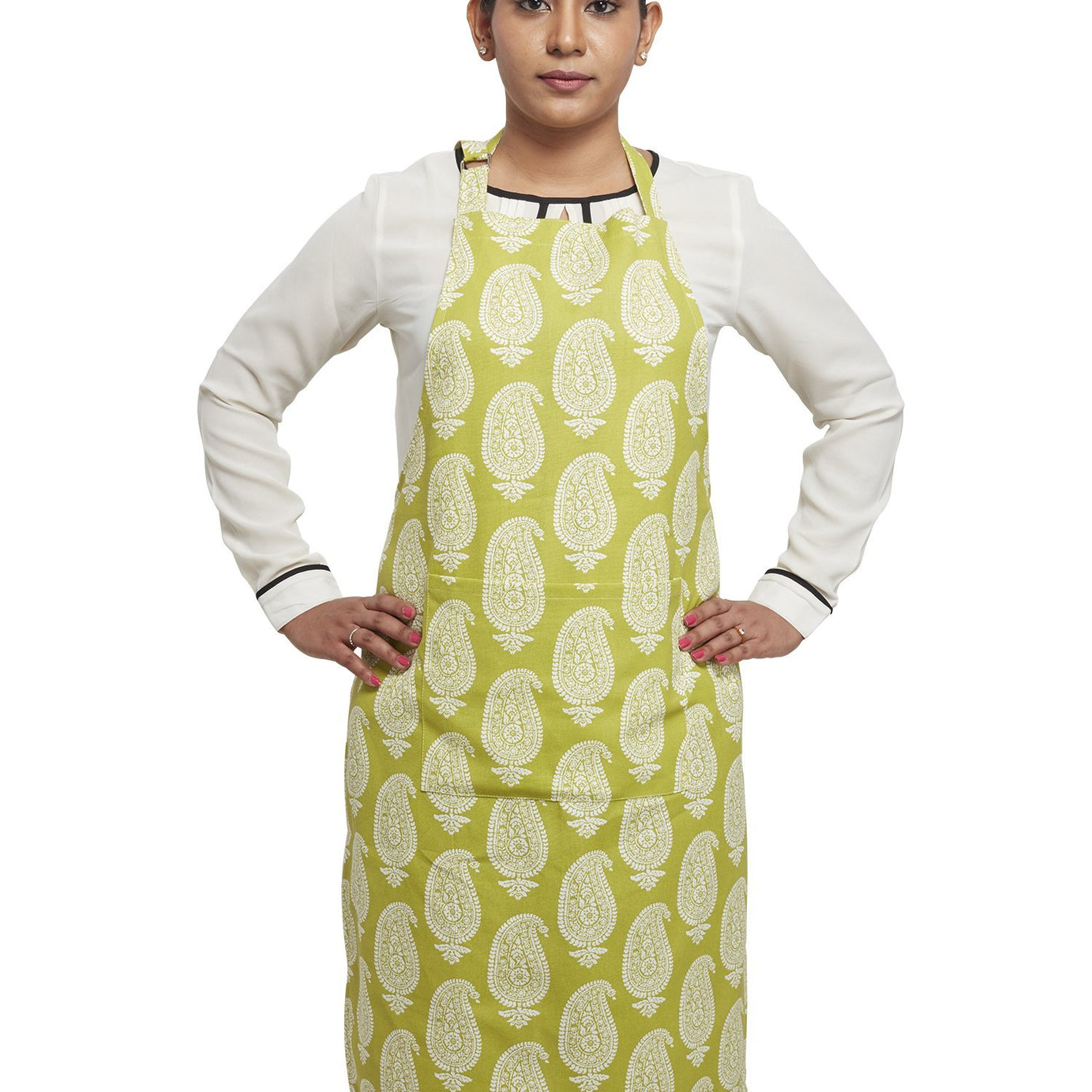 Amazon Brand - Solimo 100% Cotton Adjustable Kitchen Apron, Paisley (Green)