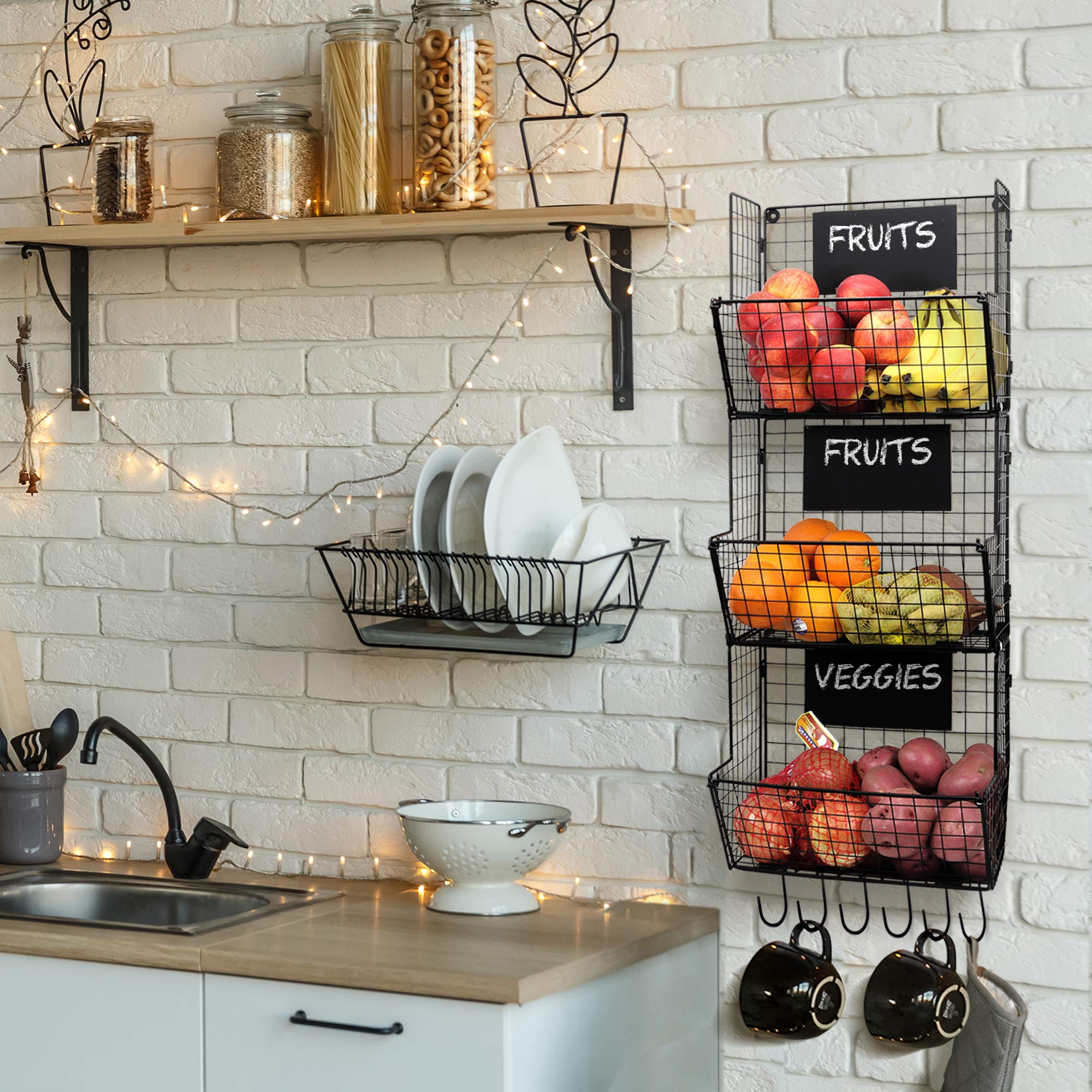 Granrosi Amazing Wire Alloy Steel Wall Mount Stylish Kitchen Hanging Fruit And Vegetable Storage Baskets with Chalkboards (12.2x12x32.2, Black)