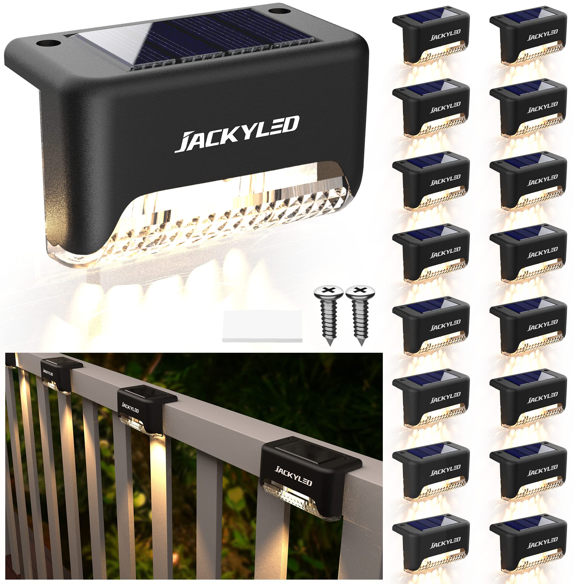 JACKYLED 16 Pack, Step Lights Waterproof LED Solar Power Outdoor Fence Light for Deck Stair Railing, Outside Lighting for Wall Garden Backyard Patio Balcony Décor