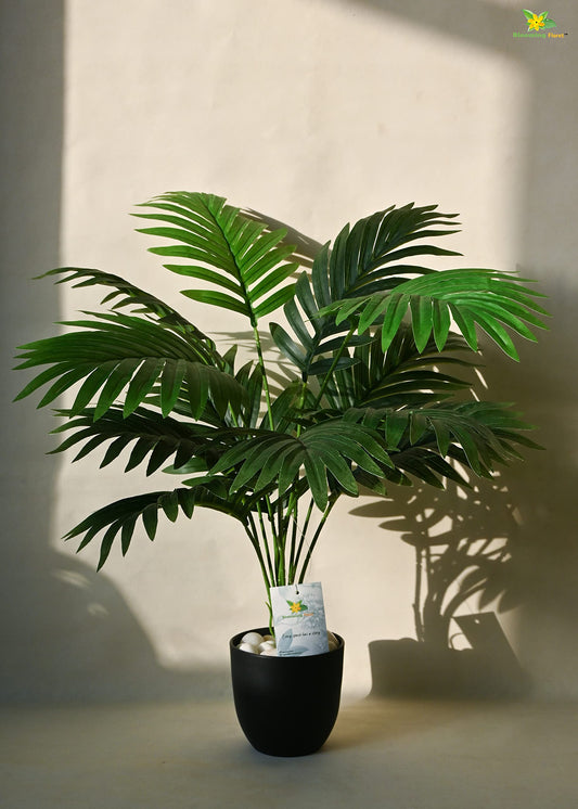 Blooming Floret Artificial Areca Palm for Home Decor/Office Decor/Gifting | 58.4 cm Short Ornamental Plant | 12 Leaves | with Basic Black Pot | Natural Looking Indoor Plant Plastic