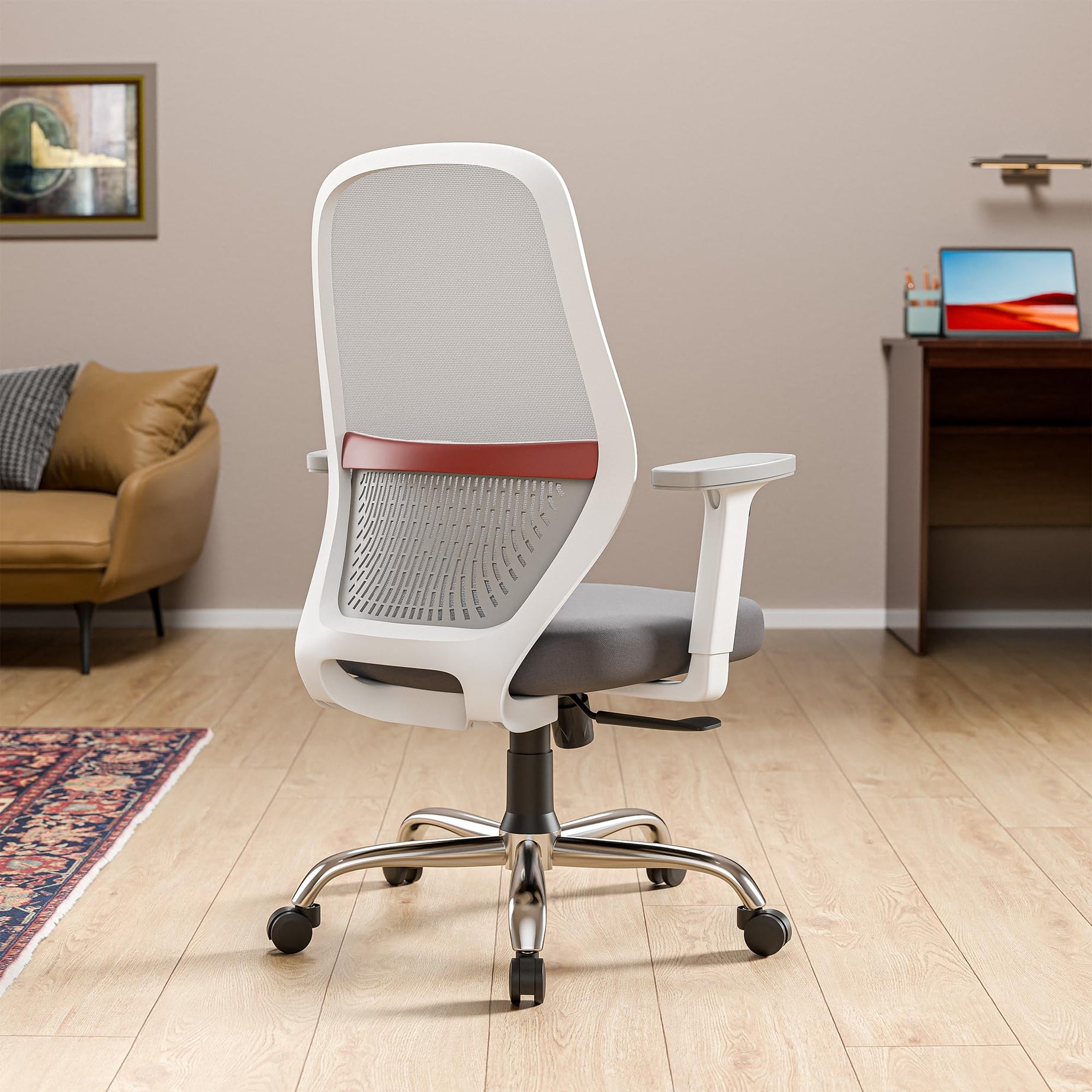 Green Soul® Eva Office Chair, Mid Back Mesh Ergonomic Computer, Desk Chair, Work from Home Chair with Built-in Lumbar Support, Heavy Duty Metal Base & High Comfort Seating (White Red)