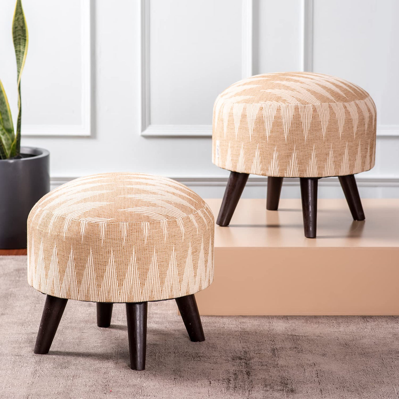 nestroots ottoman stool for living room set of 2 | Pouffes for sitting ottoman | foot rest stools with 4 wooden legs (14 inch height, Yellow Zigzag)