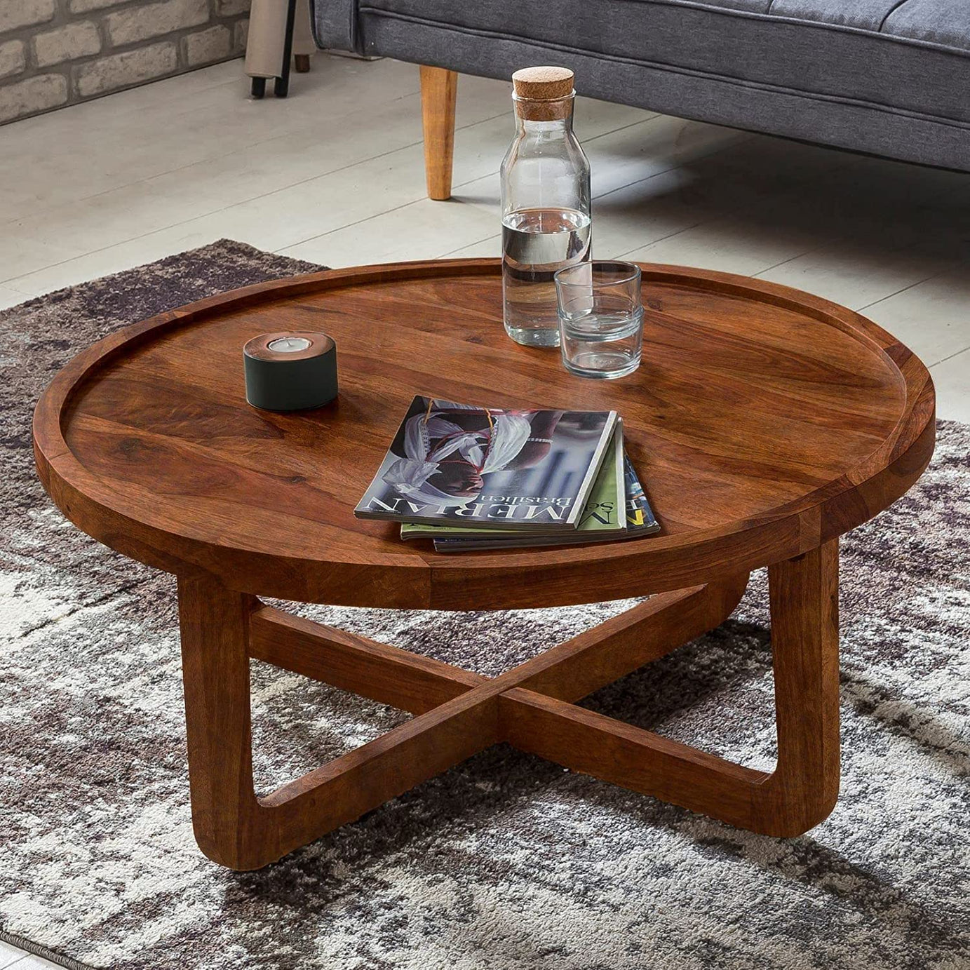 DEVKI INTERIORS Dash Round Coffee Table for Living Room Bedroom - Solid Wood Tea Table for Living Room with Stylish Wooden Legs - Round Center Table for Living Room