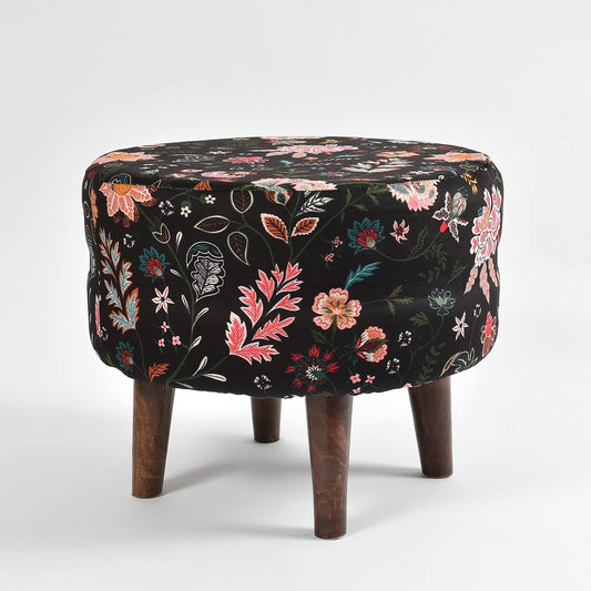 Homeaccex Flower Printed Ottoman Pouffes Stool for Living Room Sitting Furniture Wooden Velvet Puffy Stool Footrest Footstool Pouf for Home Decor, Dressing Table Stool (15Inch Height, Black)