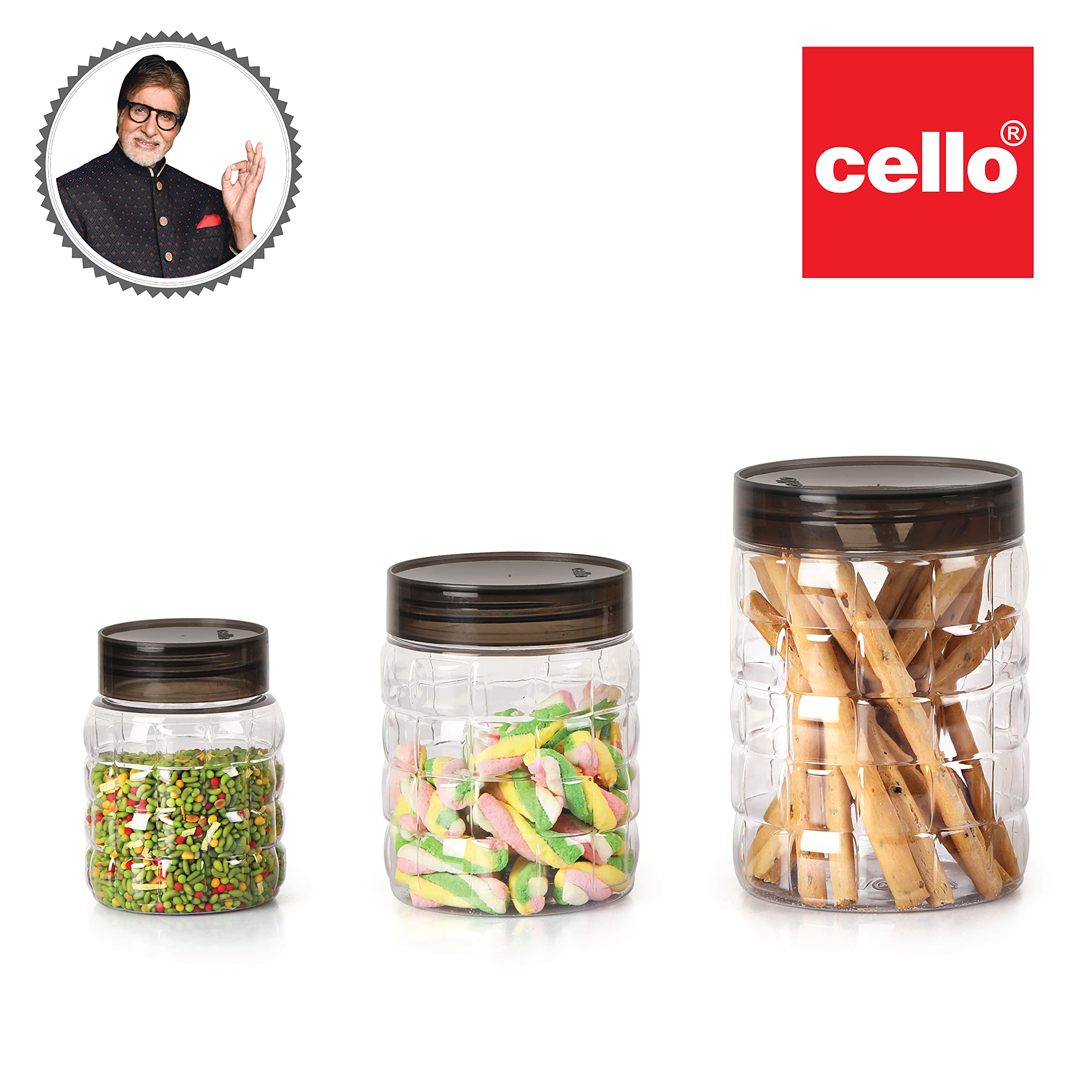 CELLO Checkers Pet Plastic Airtight Canister Set | Food grade and BPA free canisters | Durable & Shatterproof Body |Air tight seal & Stackable |Transparent | 300ml x 4, 650ml x 4, 1200 x 4, Set of 12