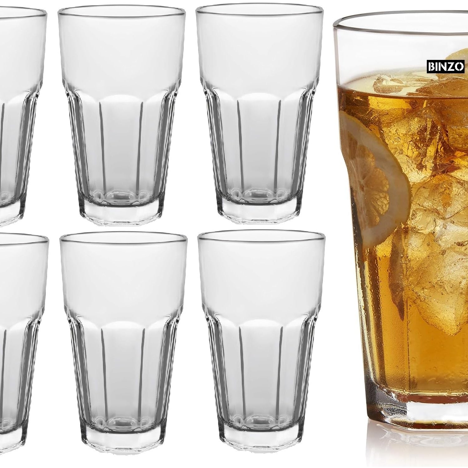 BINZO 500 ml Big Glass Set of 6 for Mocktail, Cold Drinks, Cocktails, Ice Tea, Shake, Juice, Water, Drinking Glasses, Stackable, Heavy Tumbler Glassware for Home, Everyday Use.