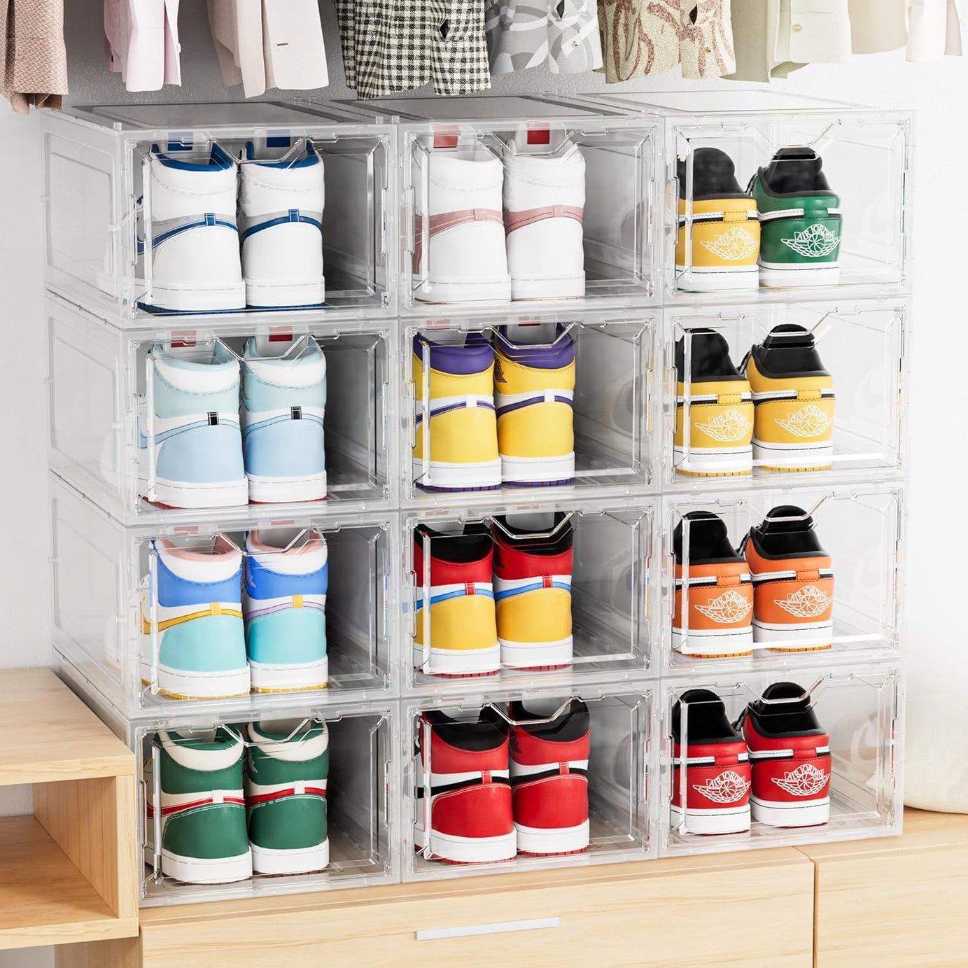 Primalite HEAVY-DUTY Shoe Storage Box-12 Pack with Magnetic Door, THICKEN & STURDY Clear HARD Plastic Stackable Rectangular Boxes Container | SNEAKERS Storage, Closet | Fits UK: 11.5 | US: 12