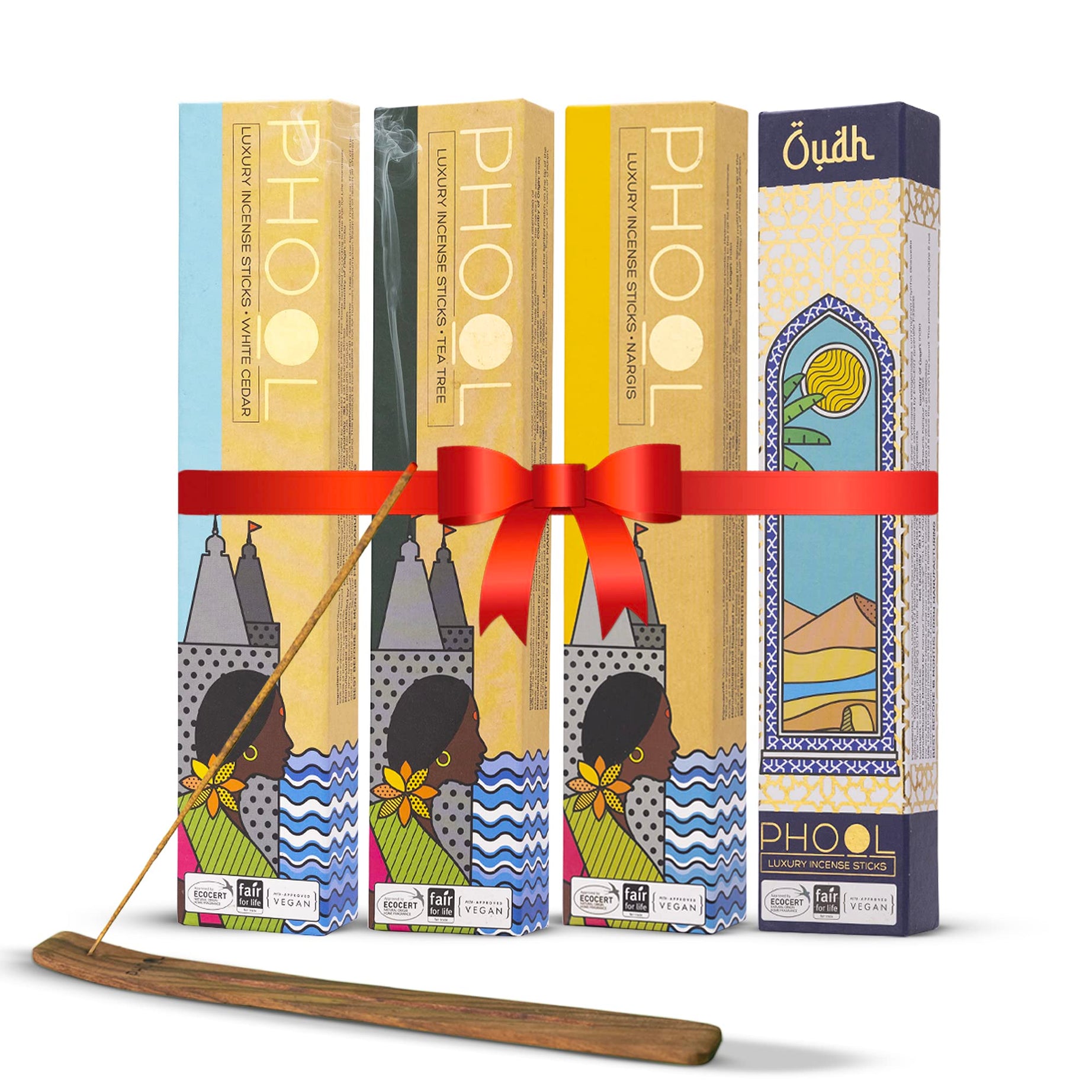 PHOOL Natural Incense Sticks (Bundle Pack of 4) I Fragrance - Oudh, White Cedar, Tea Tree, Nargis I 100% Organic Agarbatti