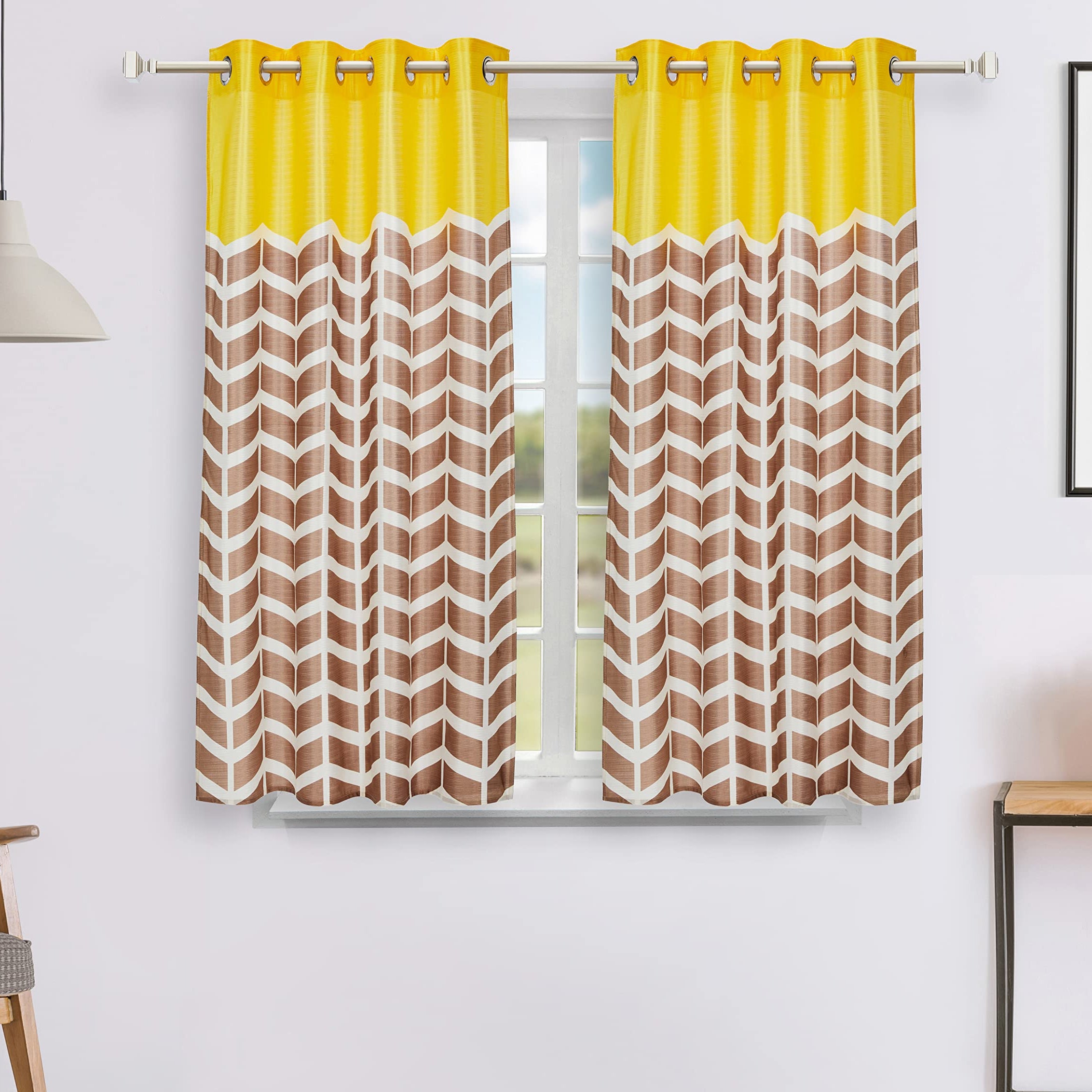 Amazon Brand - Solimo POLYESTER STRIPED PRINT WINDOW CURTAIN (YELLOW, 5 FEET -150 CM)- PACK of 2 PANEL PRINT 135 GSM