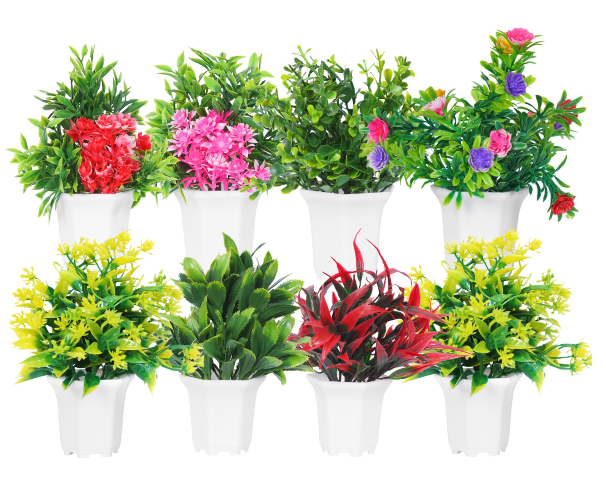 Dekorly Plastic Wild Artificial Flower Plants With Cute Hexa Pot|Faux Flower Plant For Home Office Decor|Tabletop And Desk Decoration|Artificial Flower For Balcony Indoor Decor|Pack Of 8 (Multi-D)