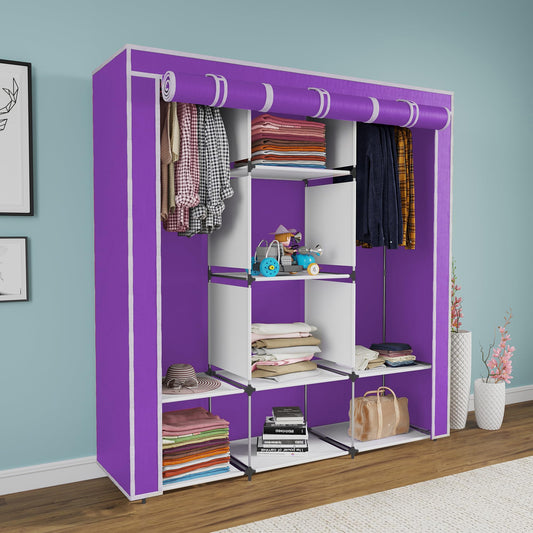 Whitecloud TRANSFORMING HOMES Collapsible Wardrobe Closet for Clothes Almira, 2 Hanging Space, 8 Shelves Non-Woven Fabric 90 GSM (88230) (Purple)