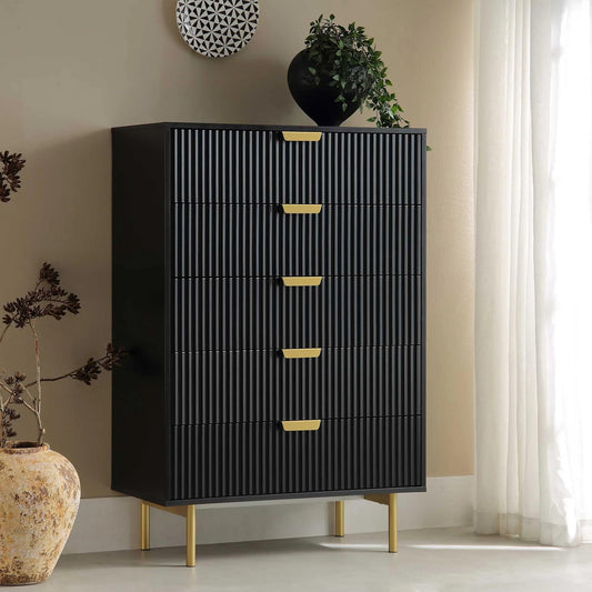 G Fine Furniture Wooden Tall Chest of Drawers | Side Console Cabinet for Bedroom/Living/Drawing Room | Dresser for Clothes with 5 Drawers | Solid Wood Sheesham & Iron Legs(Black & Golden)